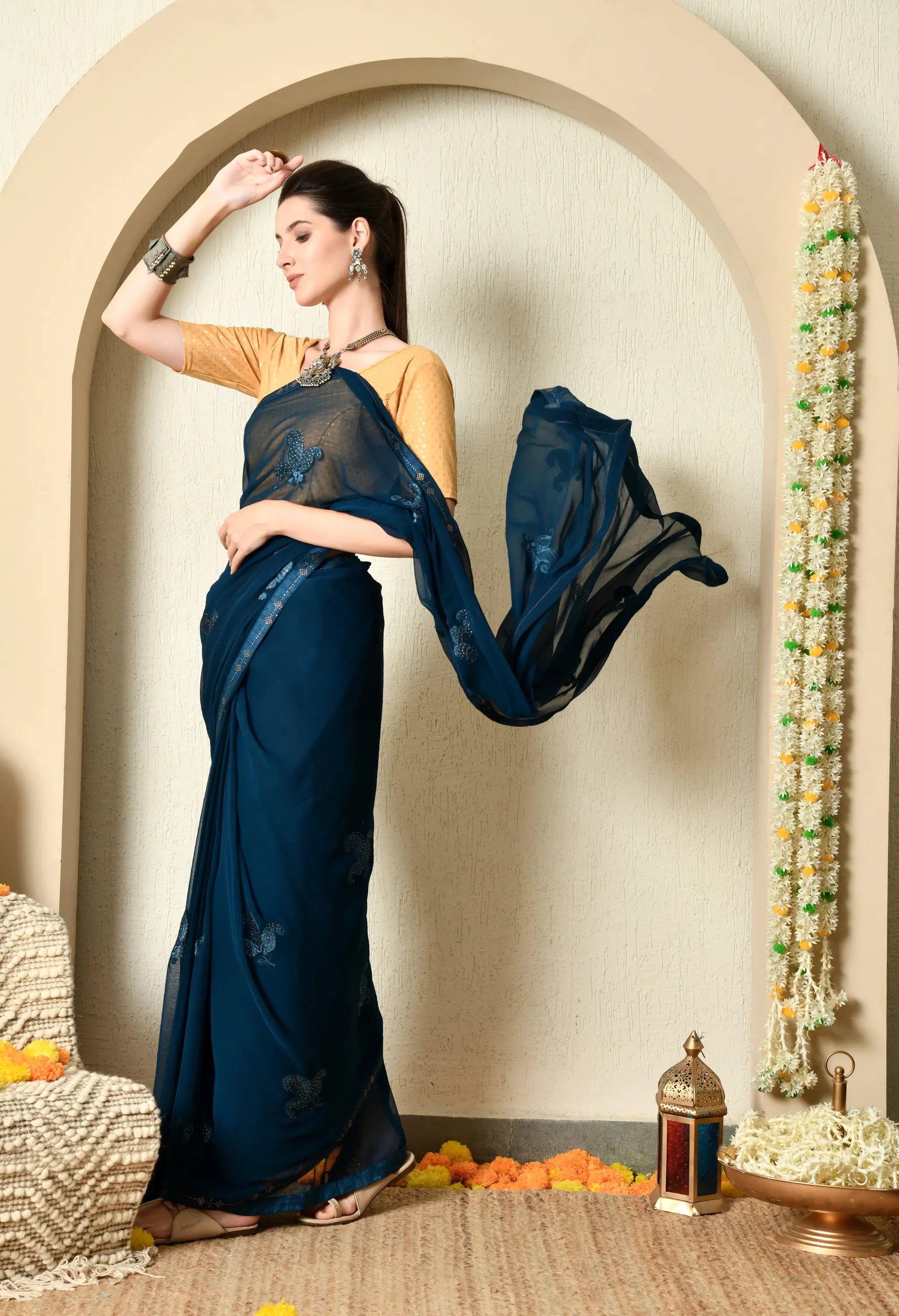 Sapphire Blue Chiffon Saree with Classy Embroidery