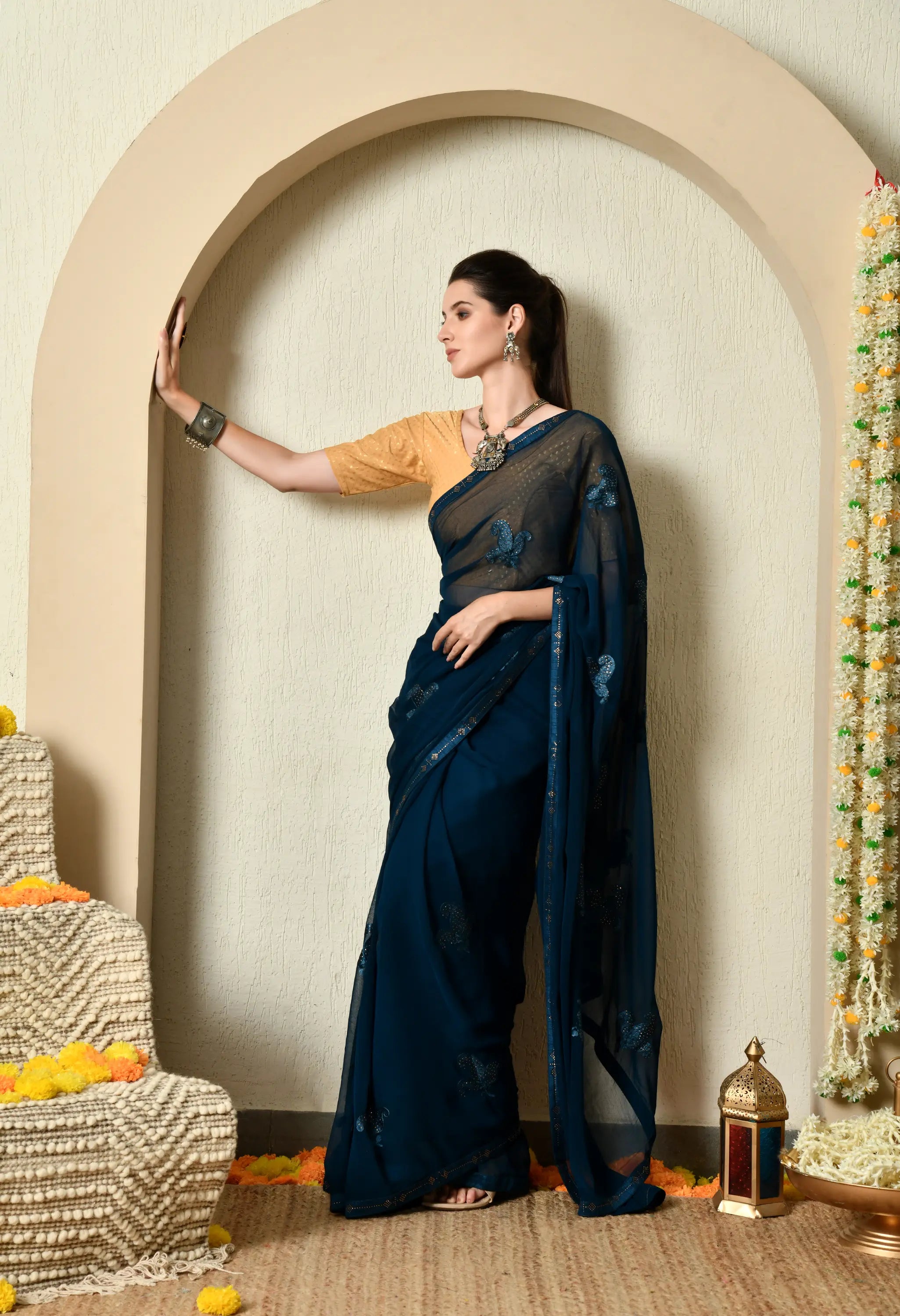 Sapphire Blue Chiffon Saree with Classy Embroidery
