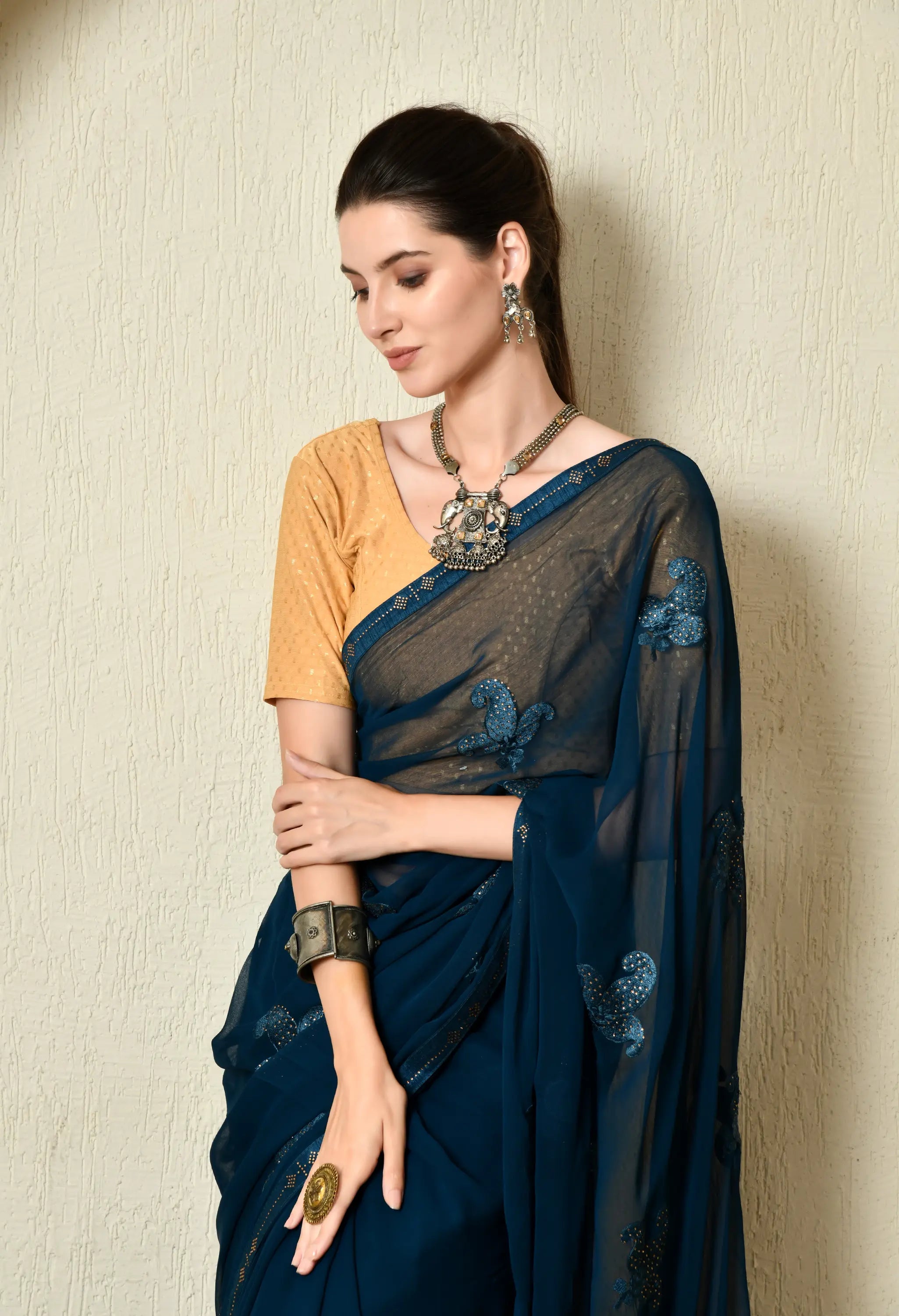 Sapphire Blue Chiffon Saree with Classy Embroidery