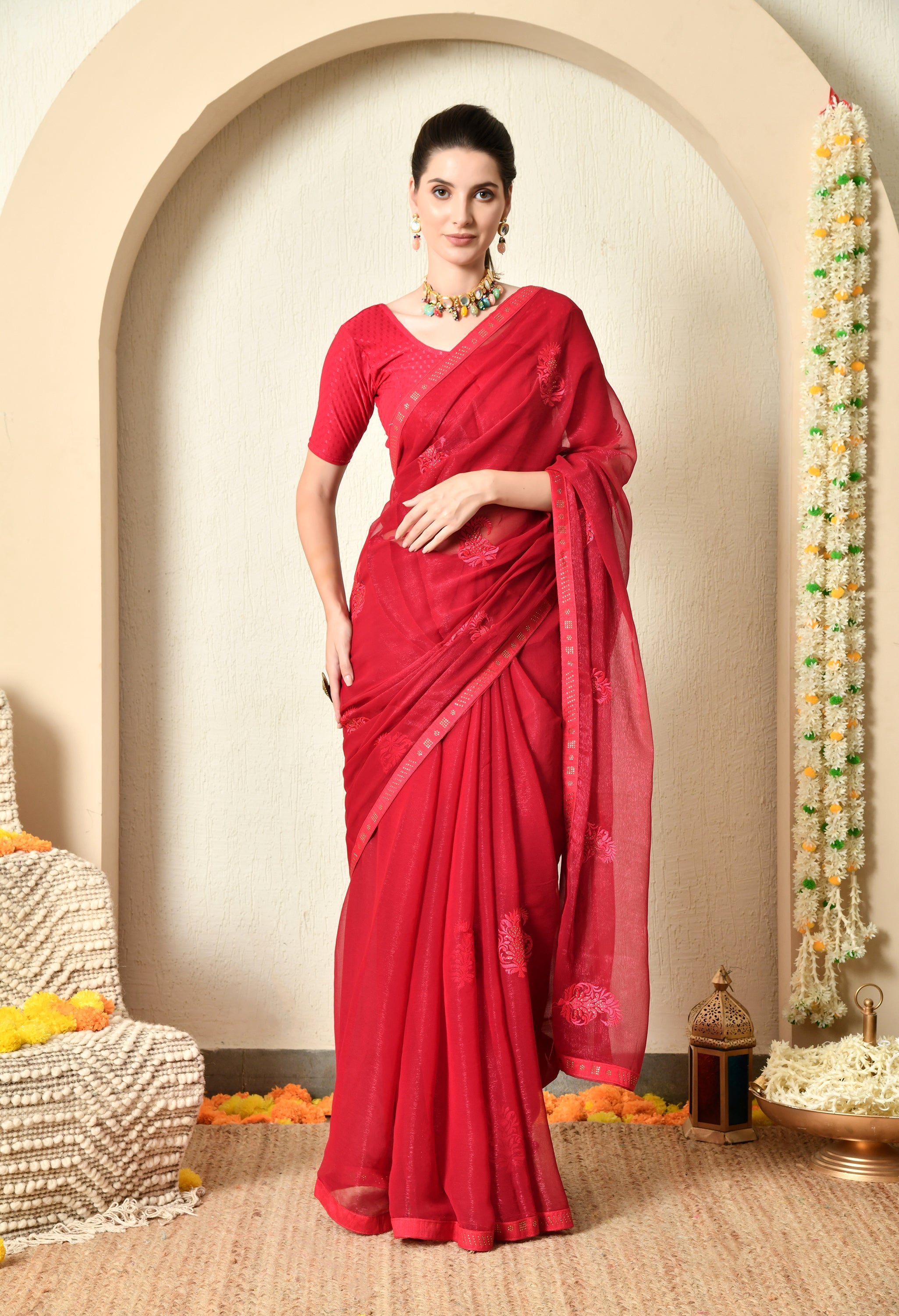 Maroon Jimmy Chiffon Saree with Embroidery
