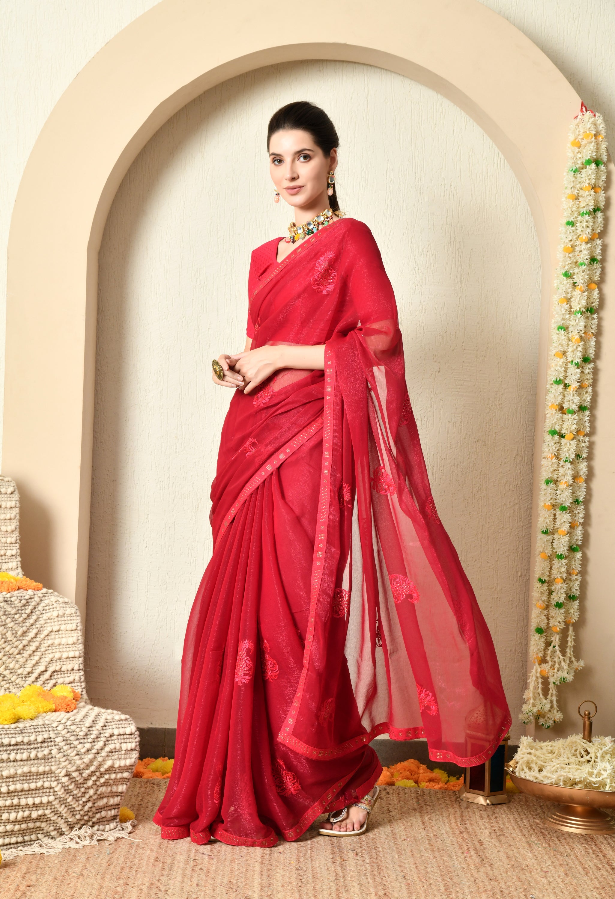 Maroon Jimmy Chiffon Saree with Embroidery