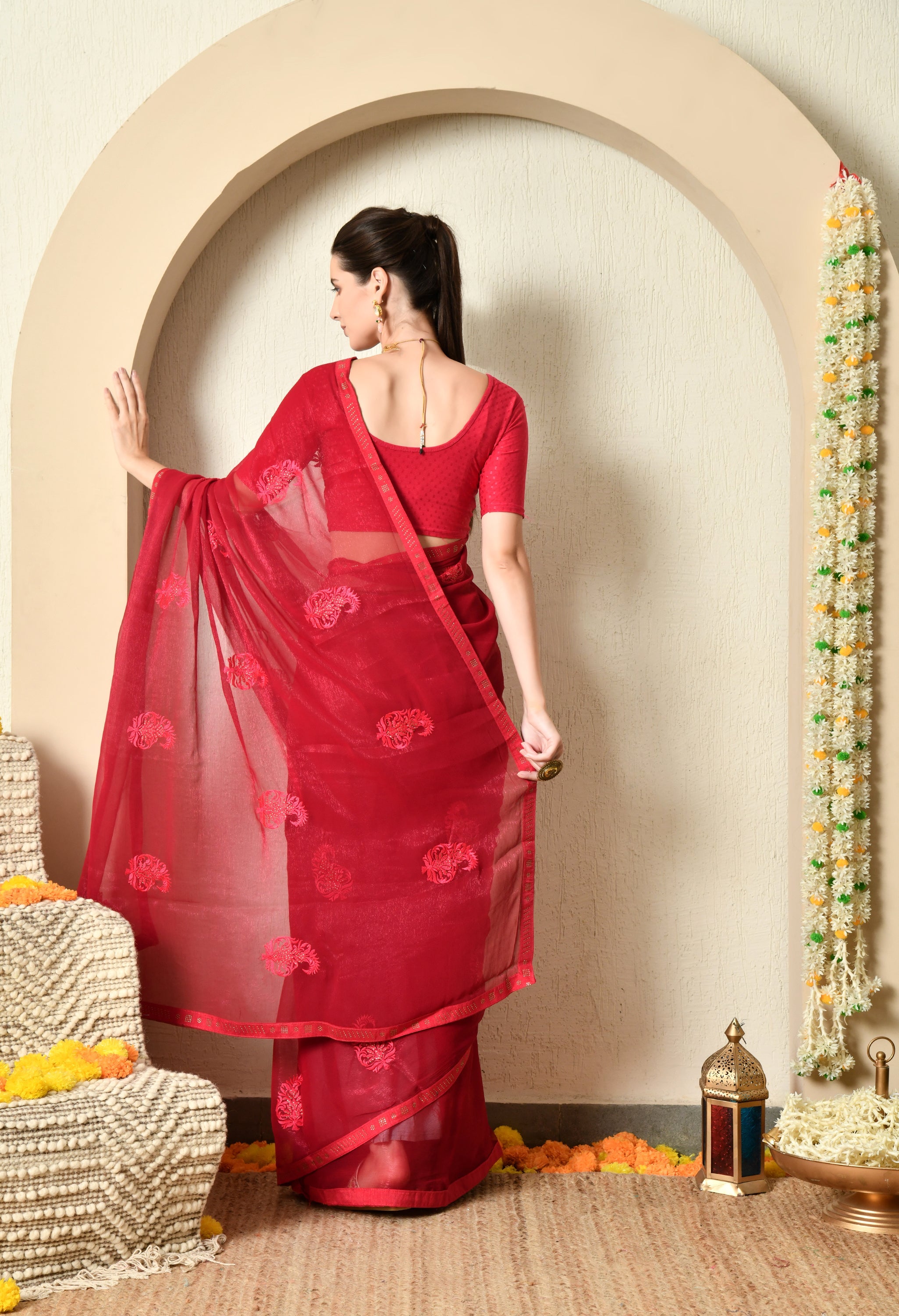 Maroon Jimmy Chiffon Saree with Embroidery
