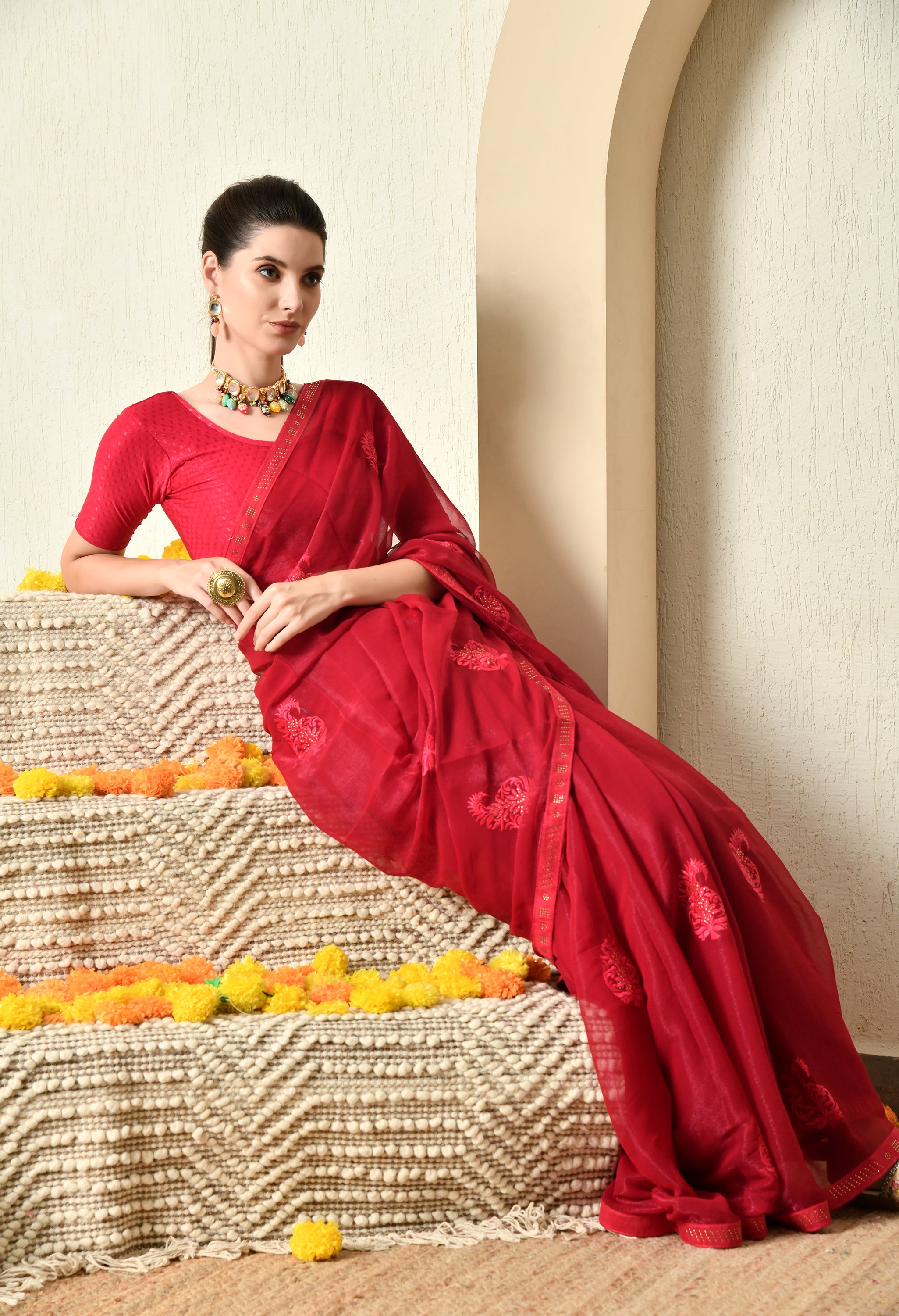 Maroon Jimmy Chiffon Saree with Embroidery