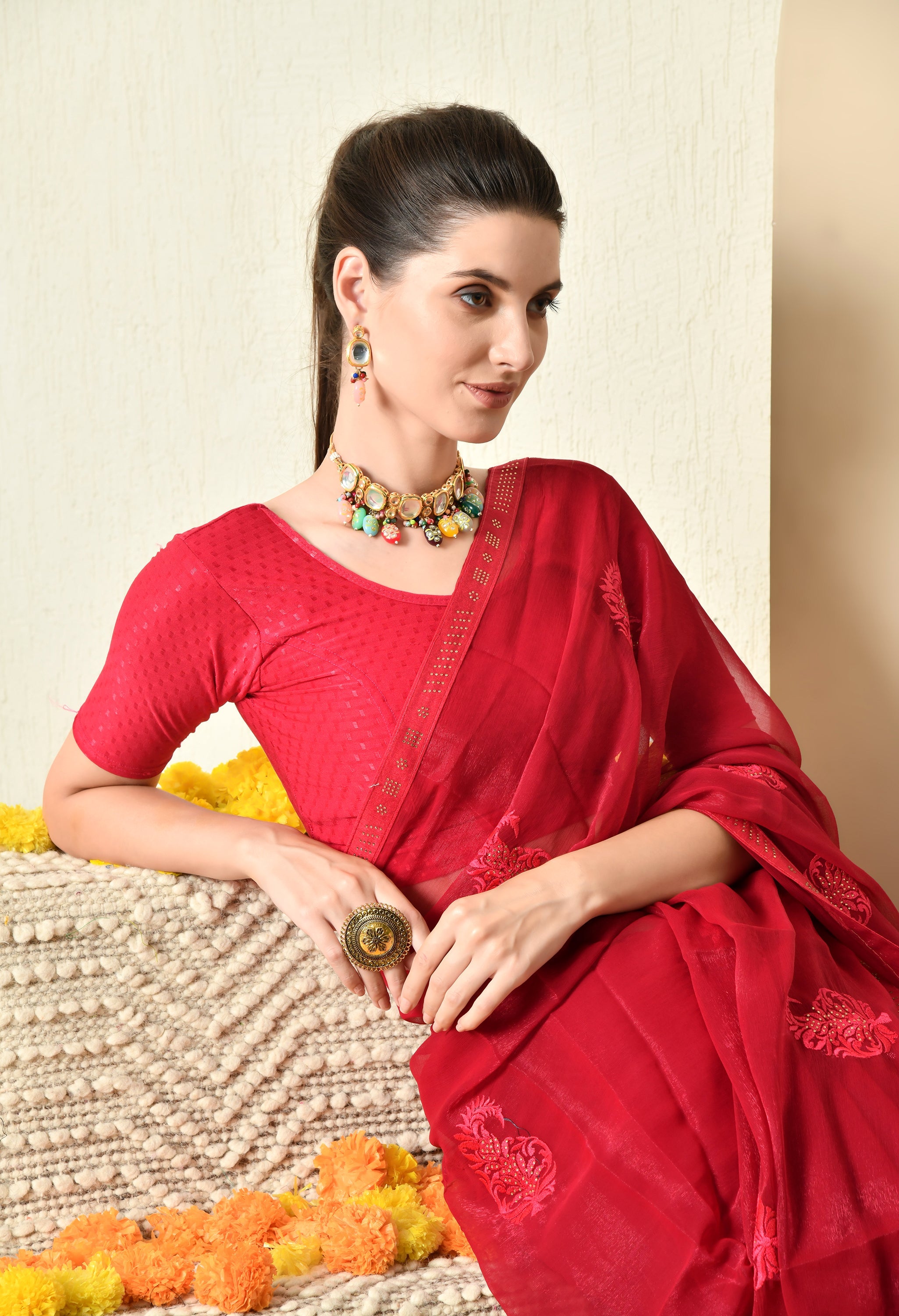Maroon Jimmy Chiffon Saree with Embroidery