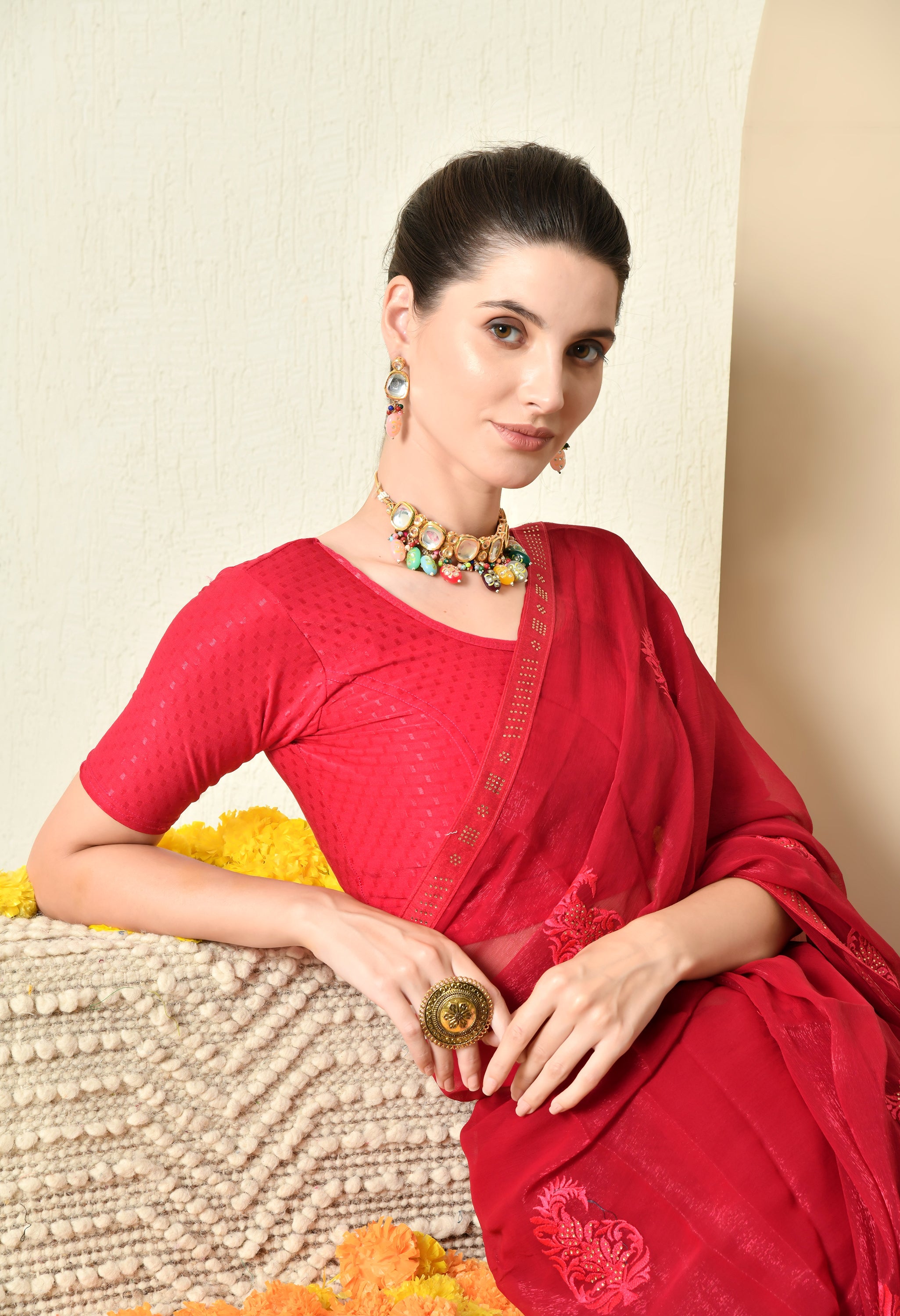 Maroon Jimmy Chiffon Saree with Embroidery