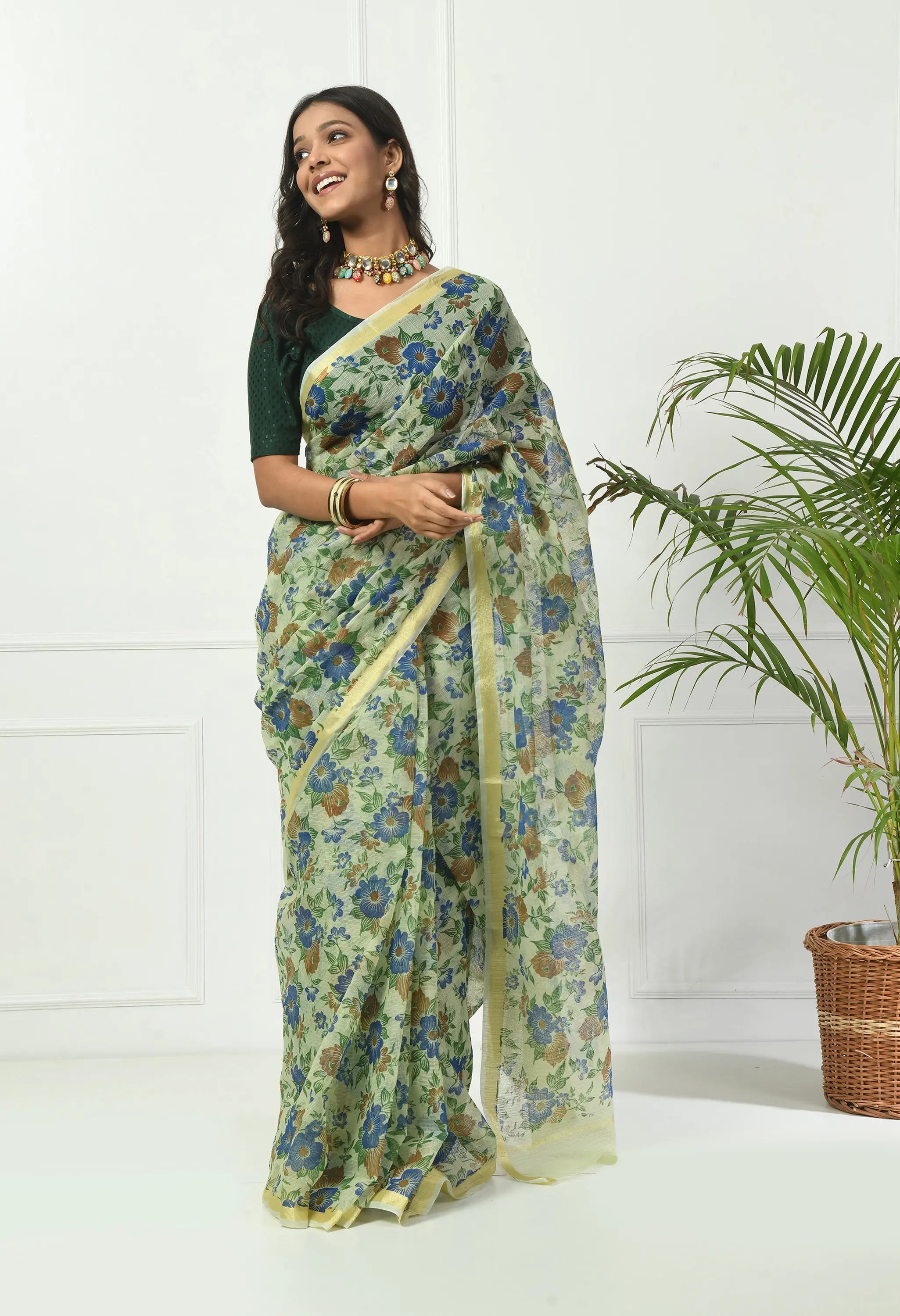 Honeydew Yellow Cotton Saree with Opulent Floral Pattern