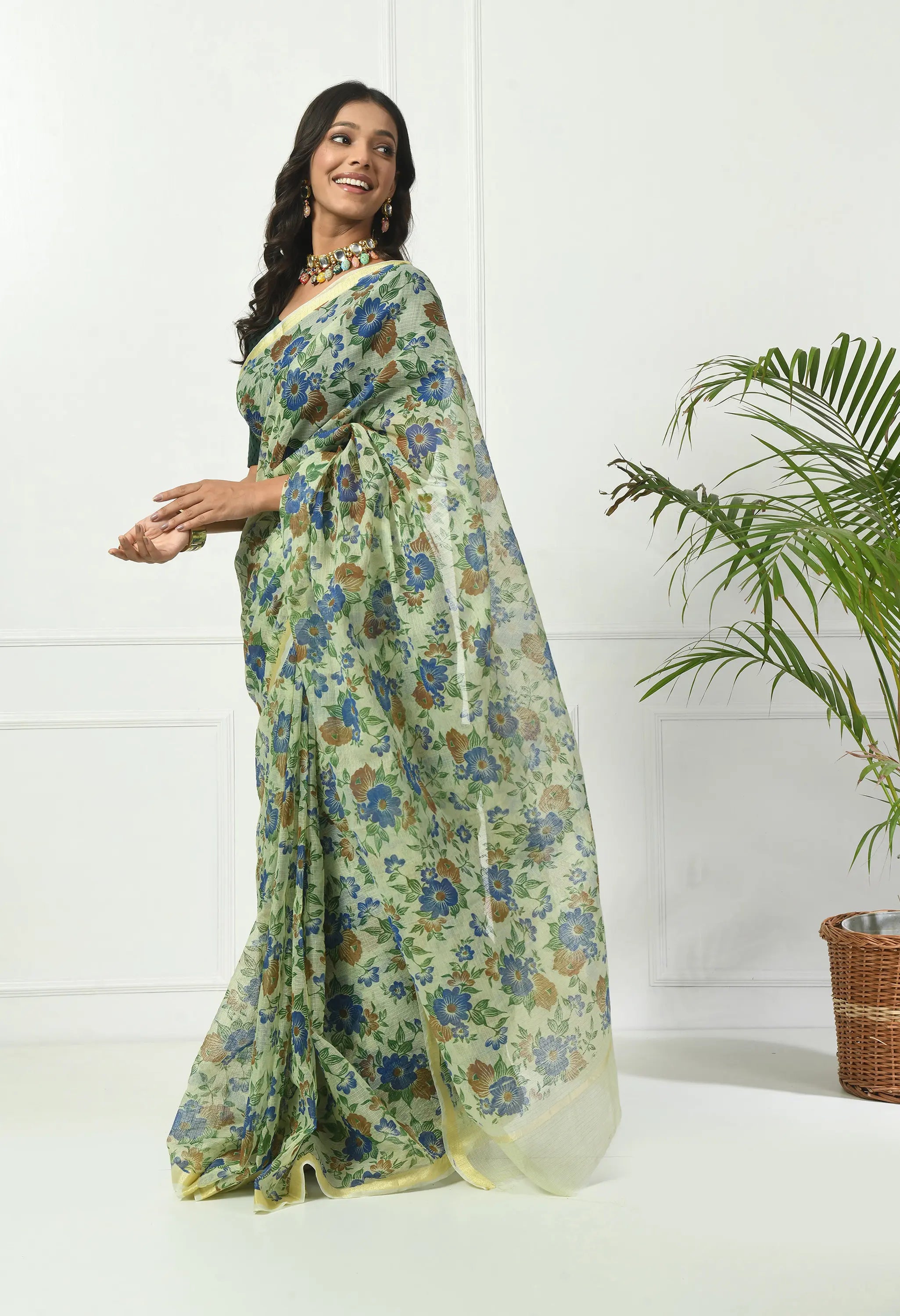 Honeydew Yellow Cotton Saree with Opulent Floral Pattern