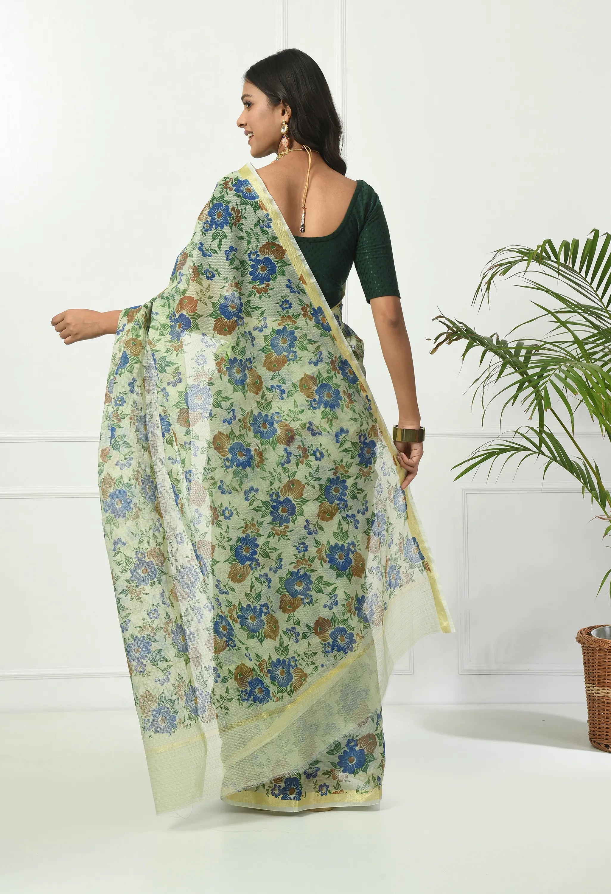 Honeydew Yellow Cotton Saree with Opulent Floral Pattern