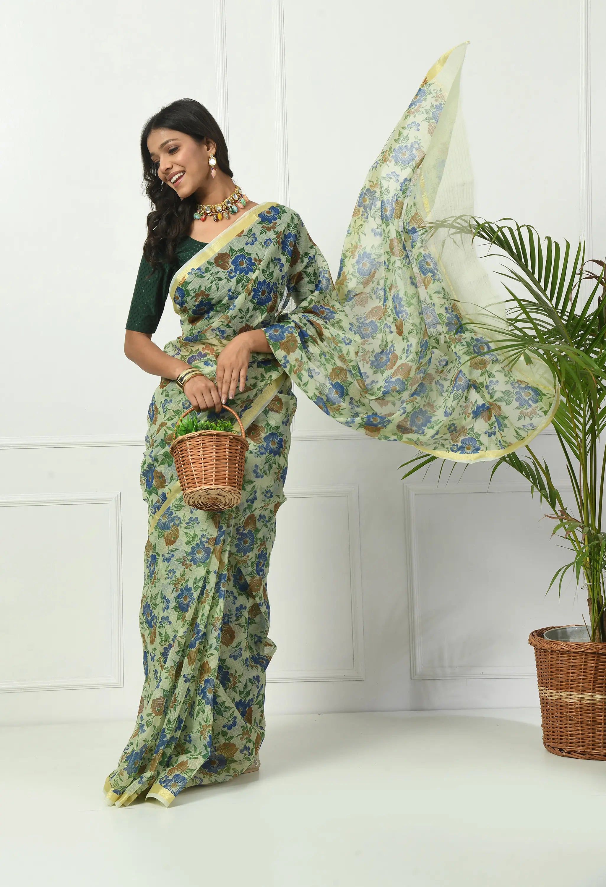 Honeydew Yellow Cotton Saree with Opulent Floral Pattern