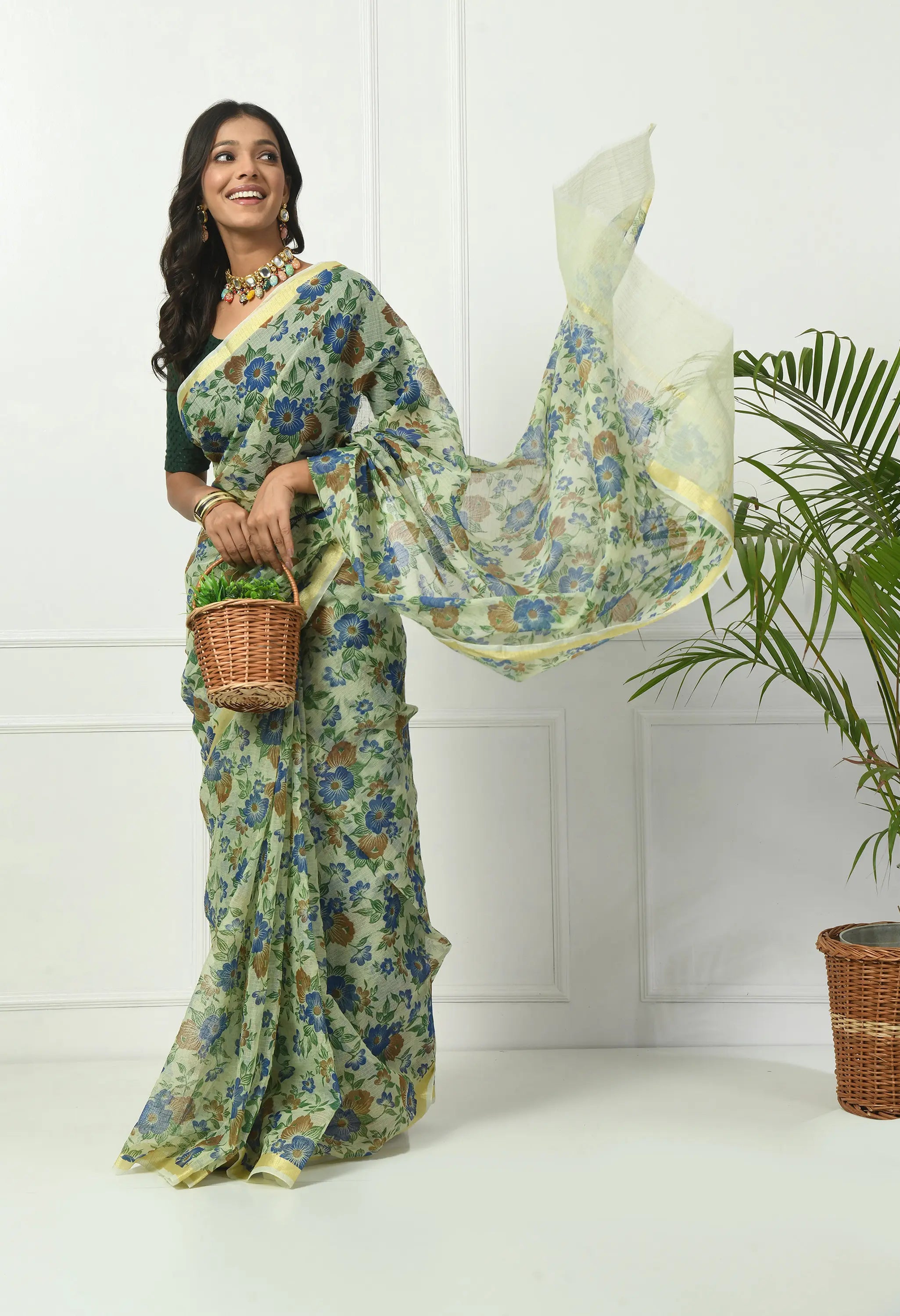 Honeydew Yellow Cotton Saree with Opulent Floral Pattern