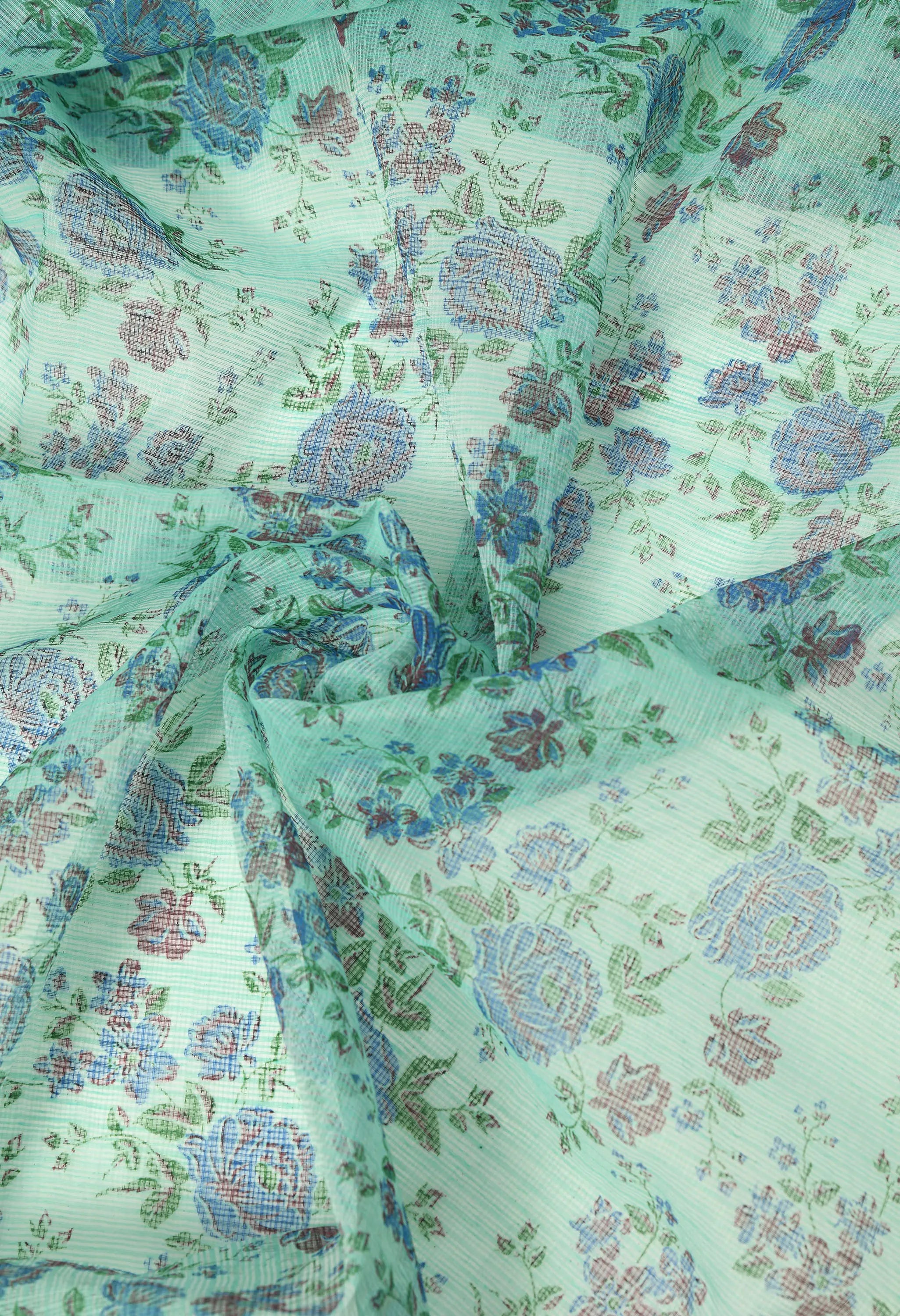 Turquoise Firozi Cotton Saree with Ornate Floral Pattern