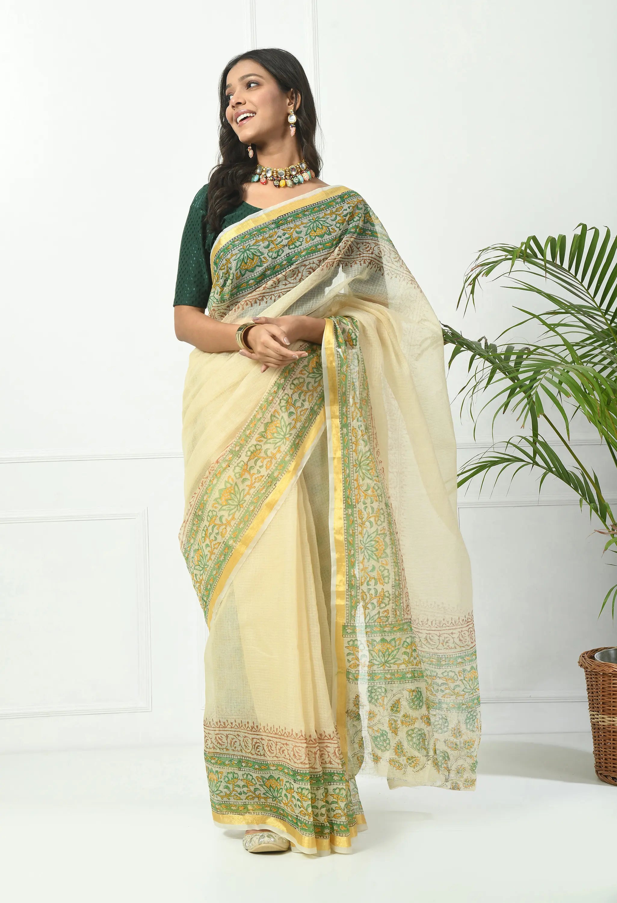 Champagne Yellow Cotton Saree with Chic Floral Border