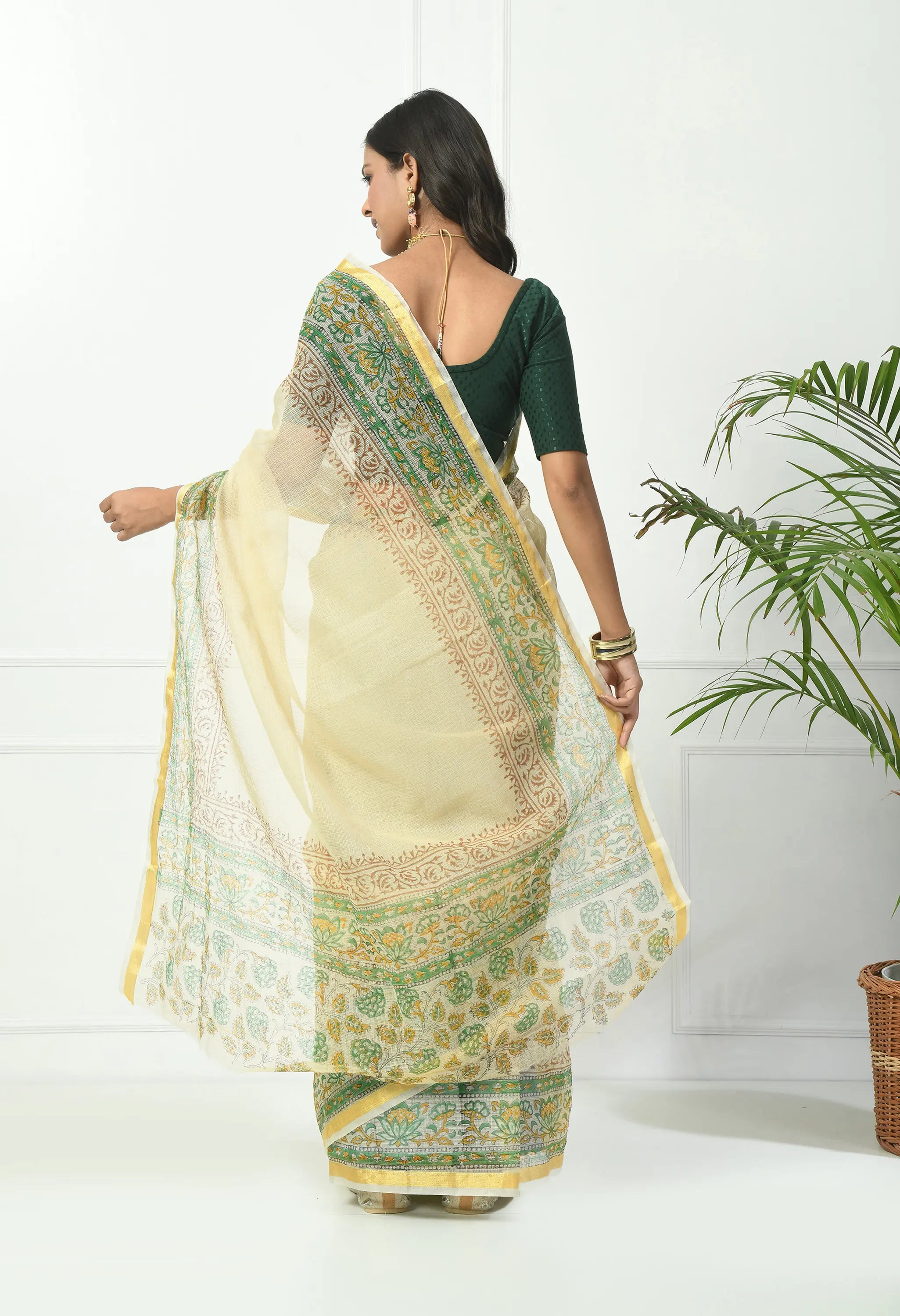 Champagne Yellow Cotton Saree with Chic Floral Border