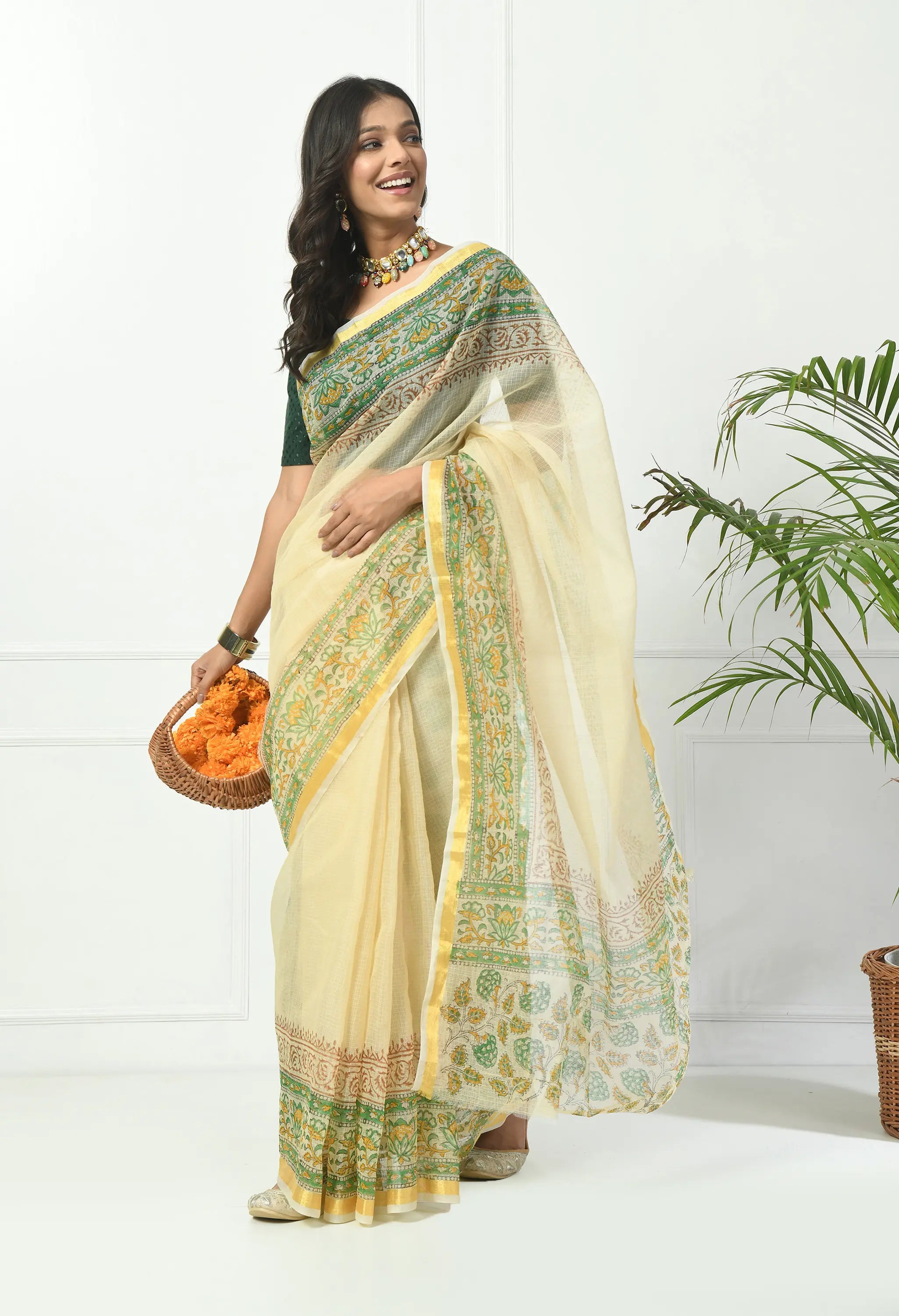 Champagne Yellow Cotton Saree with Chic Floral Border