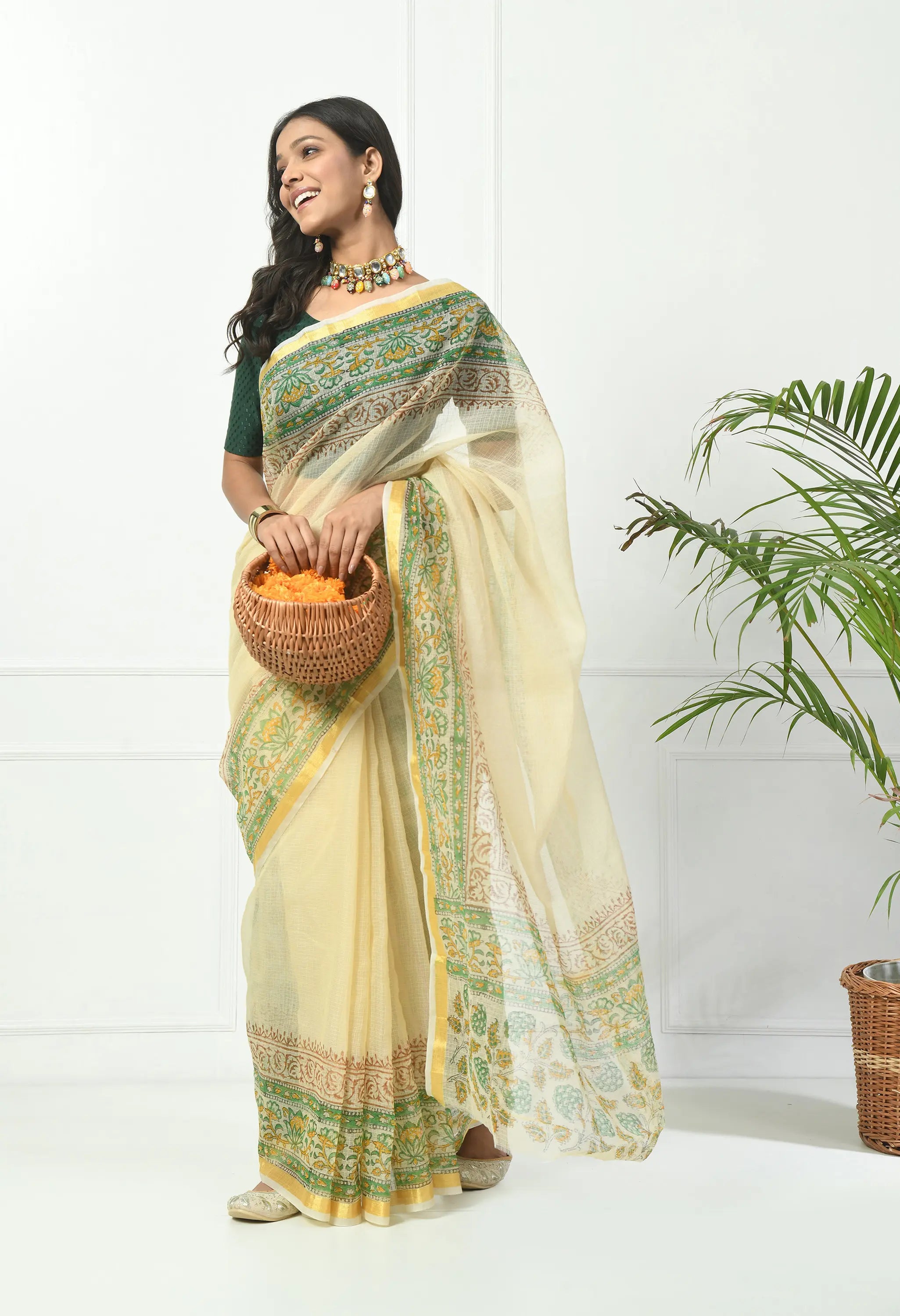 Champagne Yellow Cotton Saree with Chic Floral Border