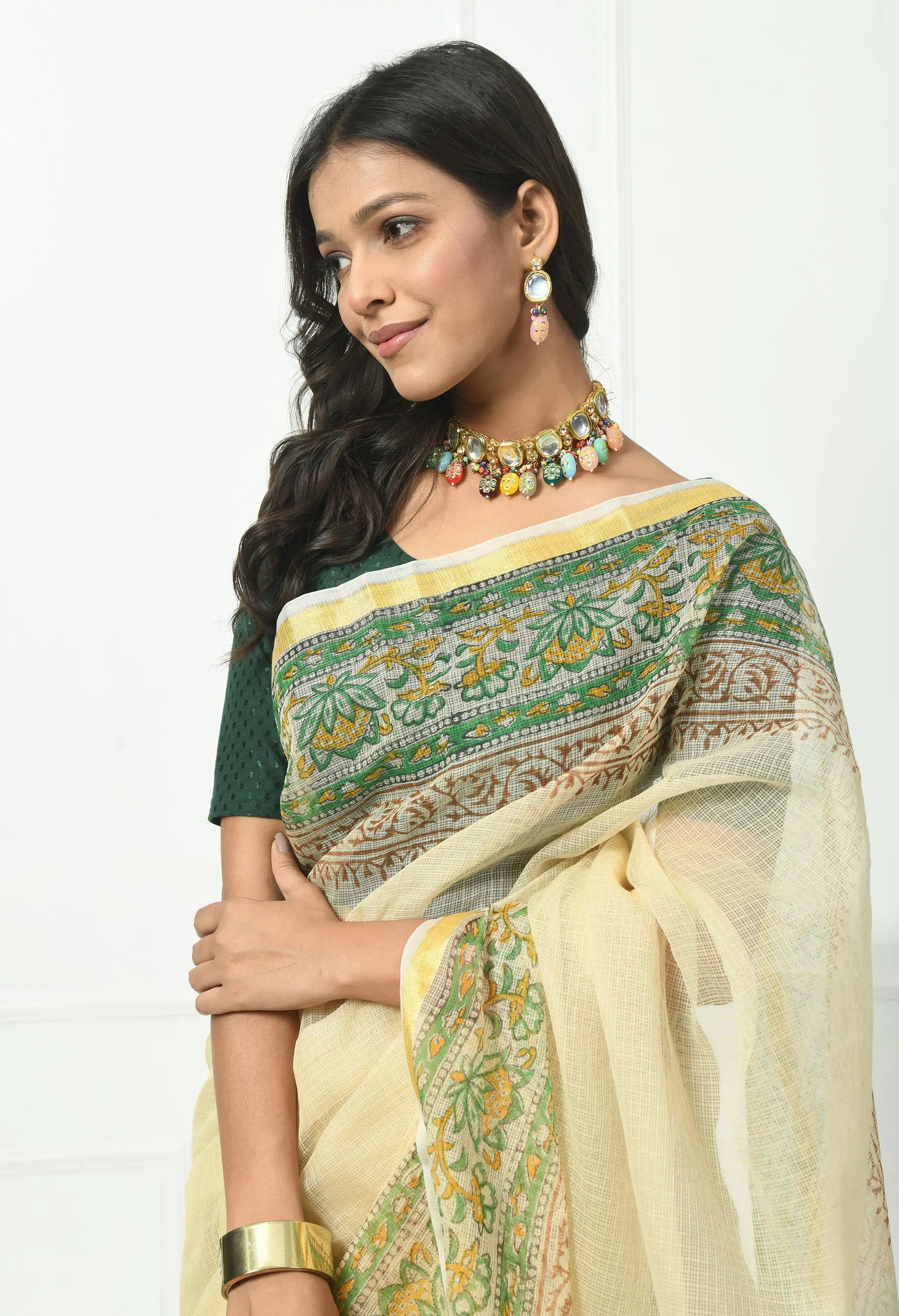 Champagne Yellow Cotton Saree with Chic Floral Border