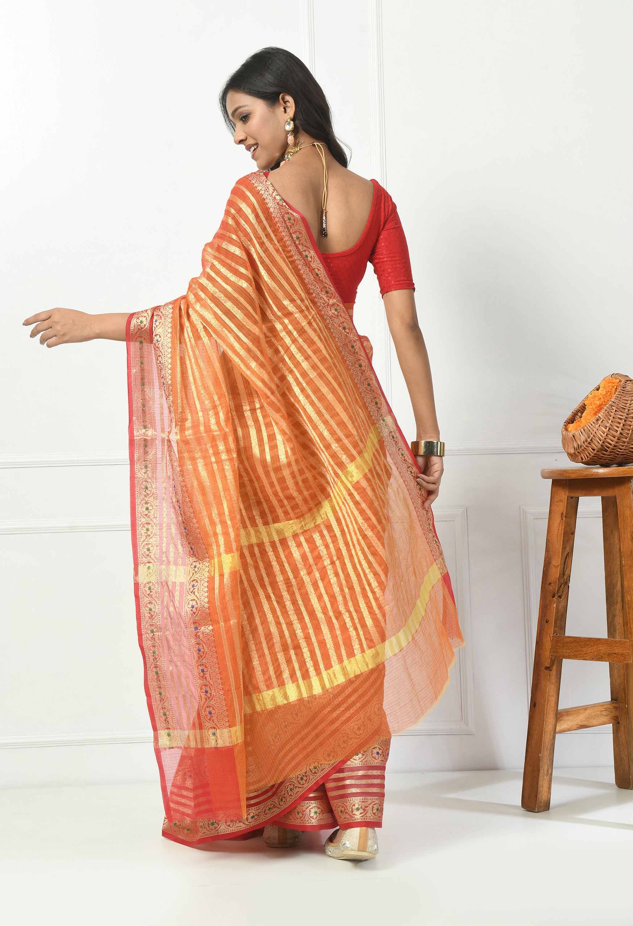 Orange Cotton Saree with Golden Work