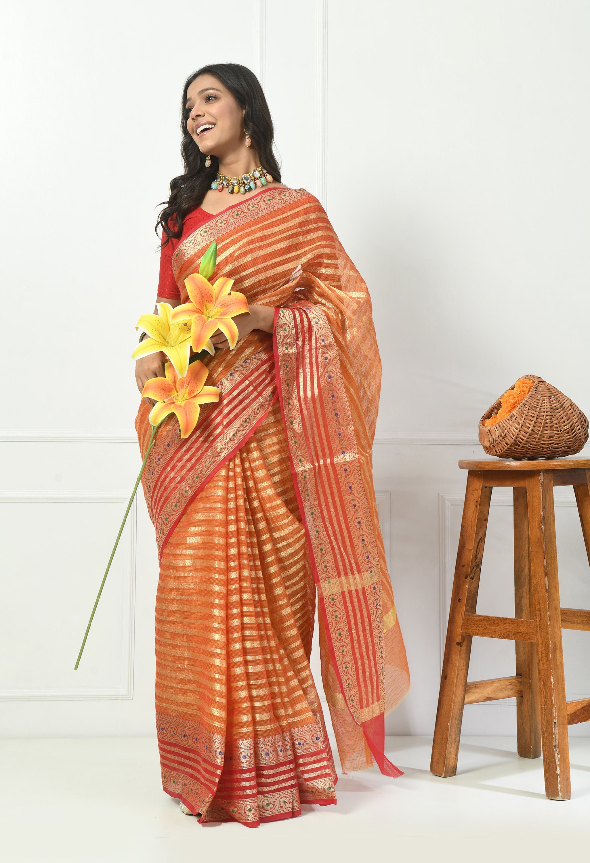 Orange Cotton Saree with Golden Work