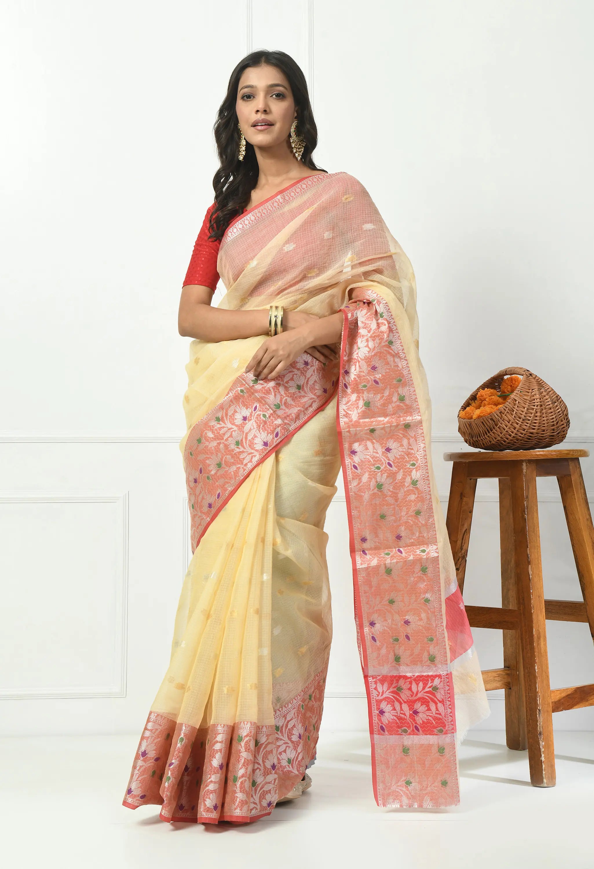 Almond Yellow Cotton Saree with Contrasting Red Border