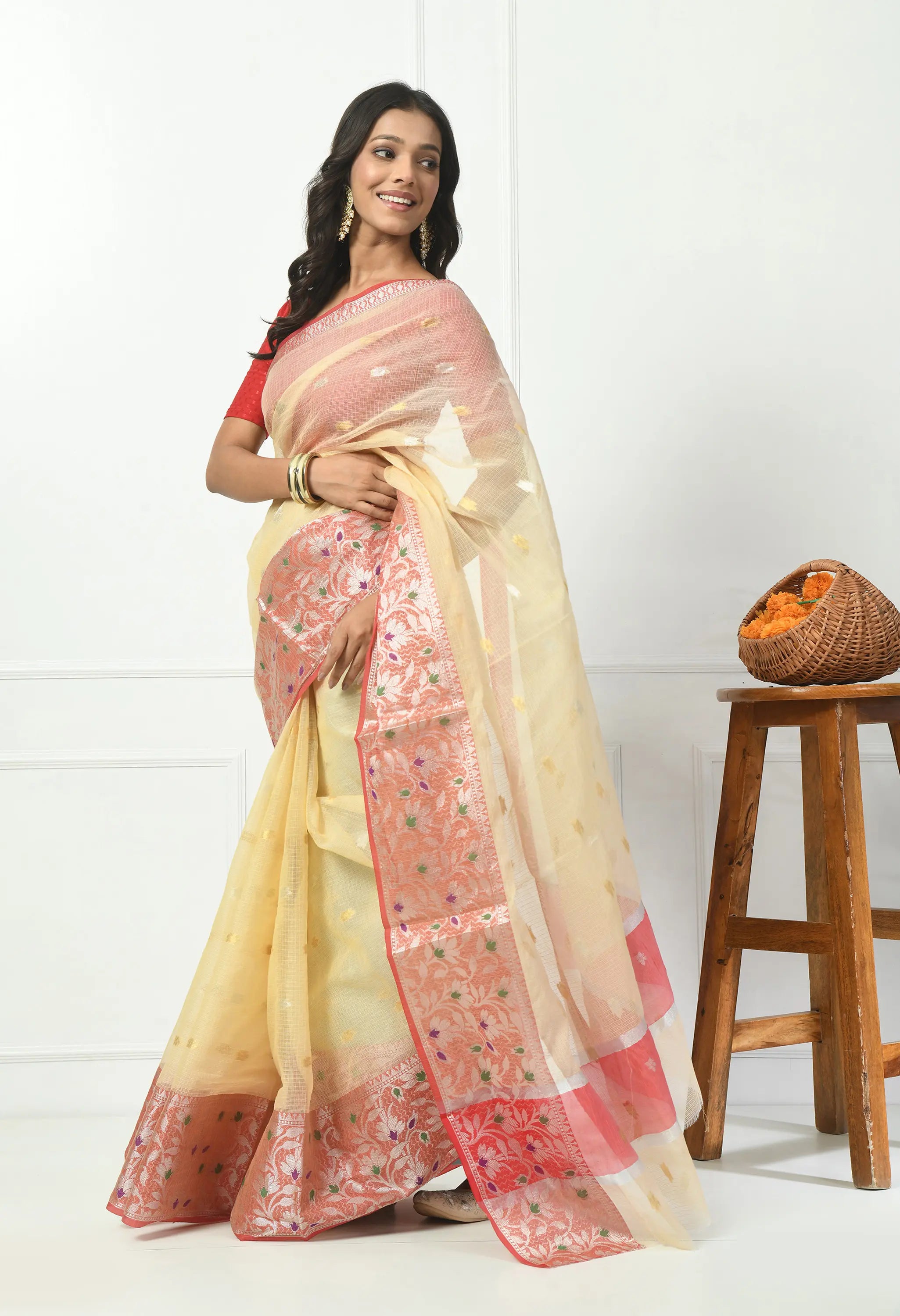 Almond Yellow Cotton Saree with Contrasting Red Border