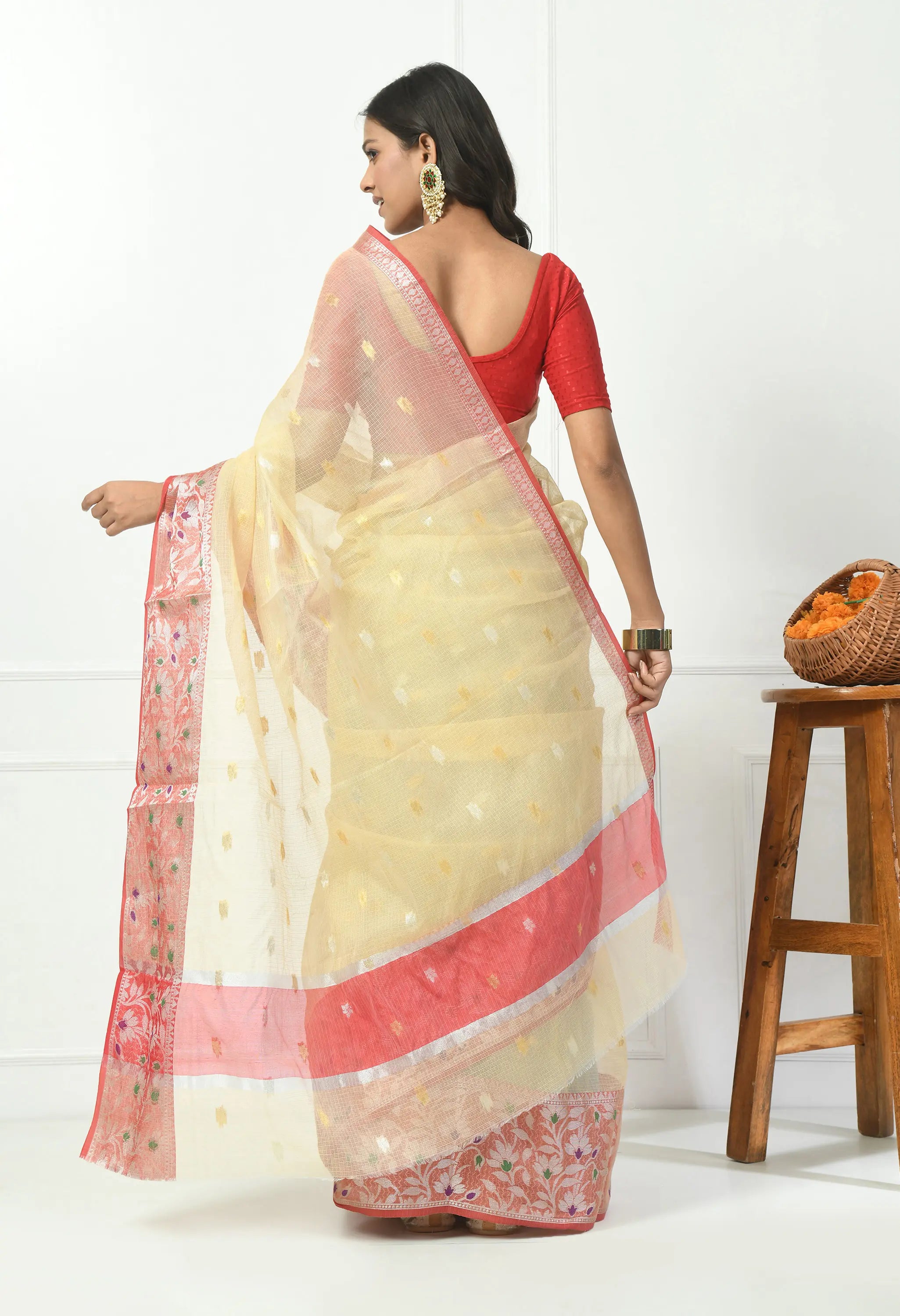 Almond Yellow Cotton Saree with Contrasting Red Border