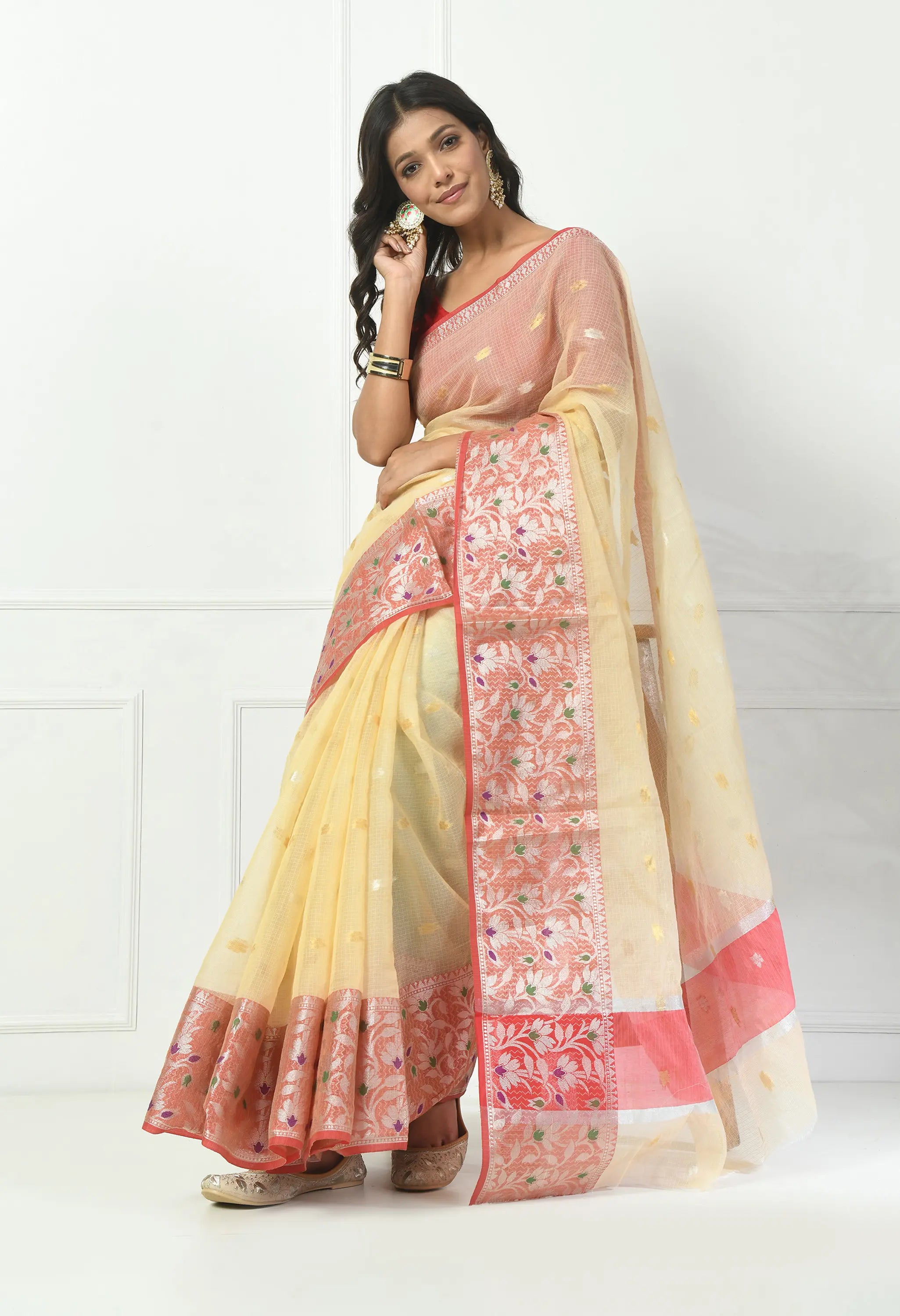 Almond Yellow Cotton Saree with Contrasting Red Border