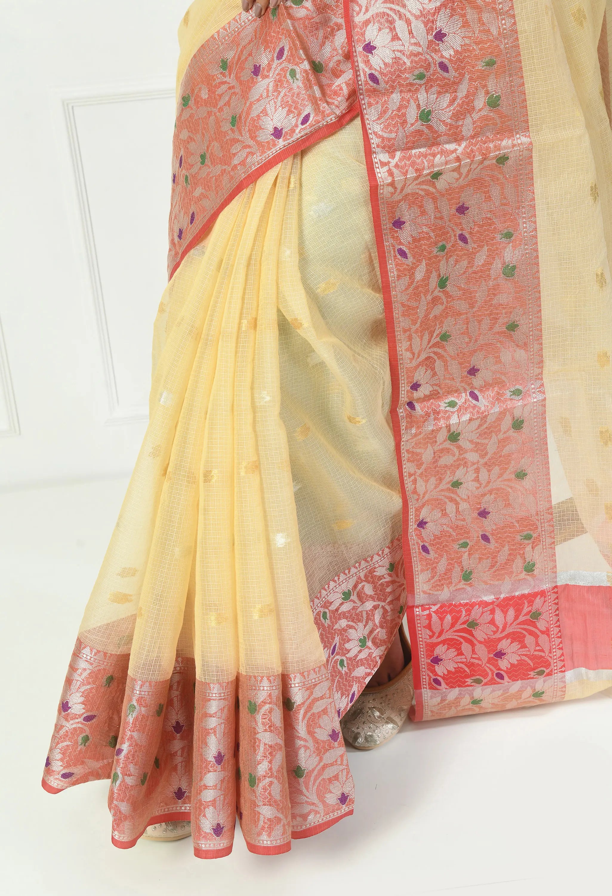 Almond Yellow Cotton Saree with Contrasting Red Border