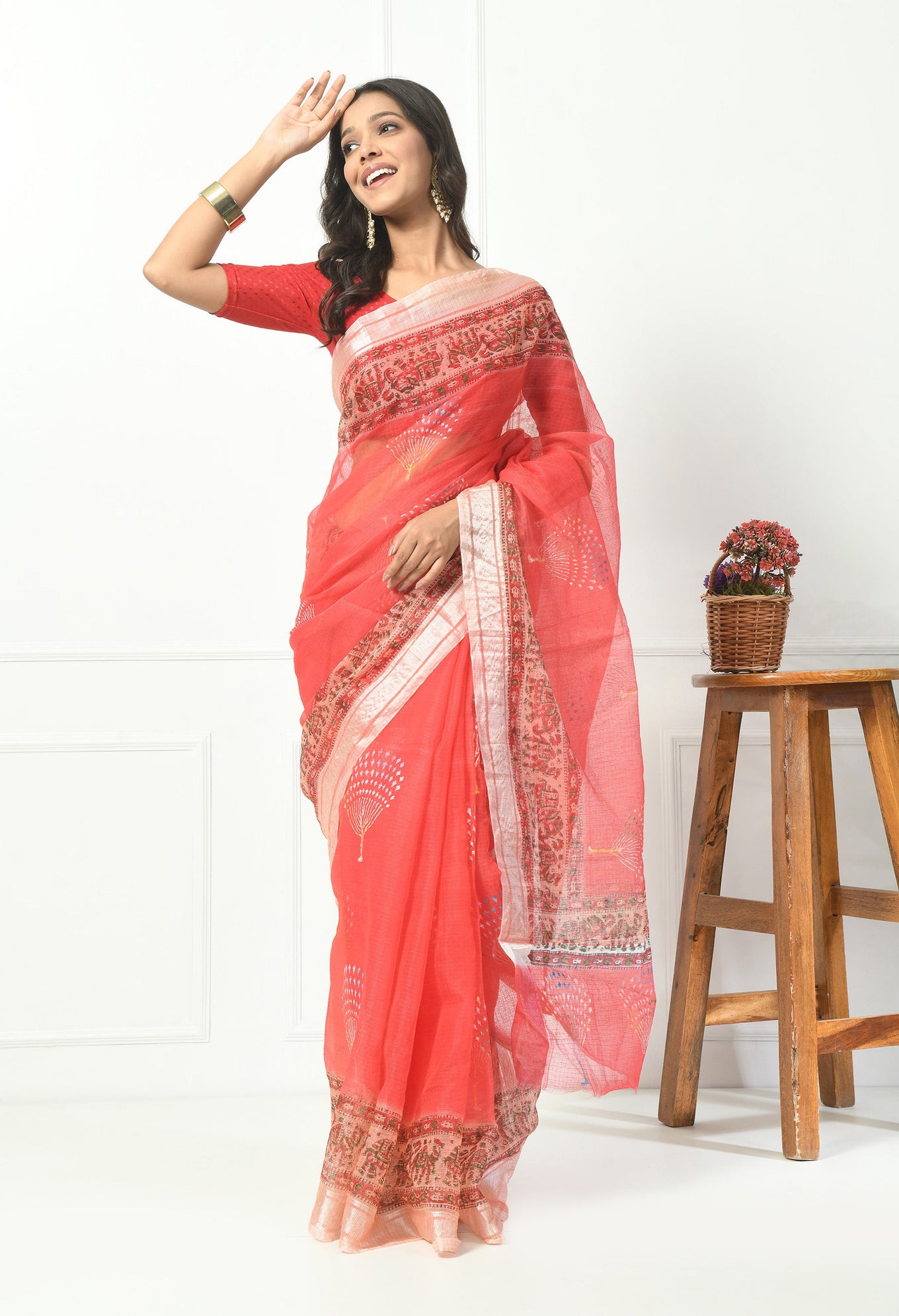 Tomato Red Kota Doria Saree with Border