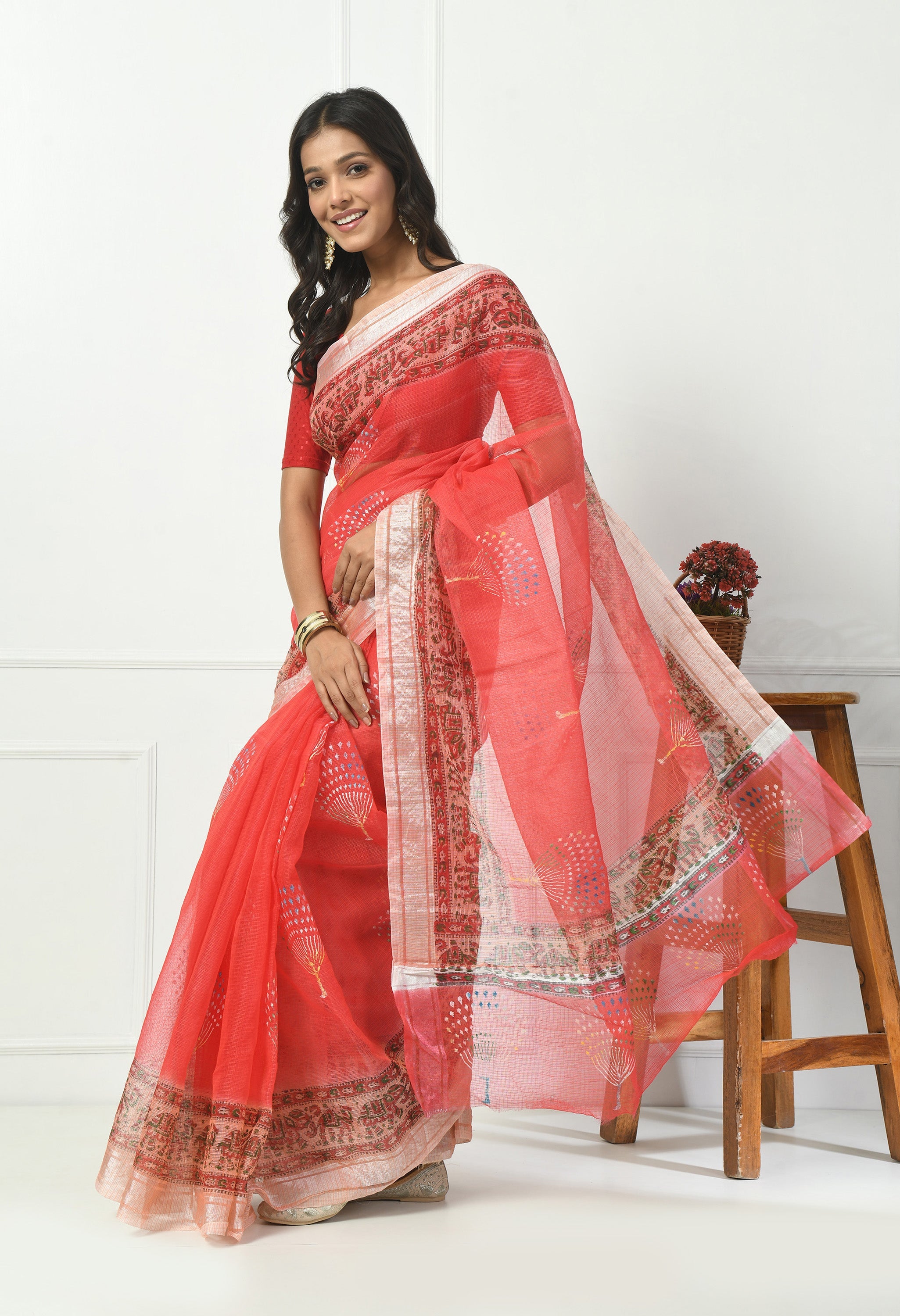 Tomato Red Kota Doria Saree with Border