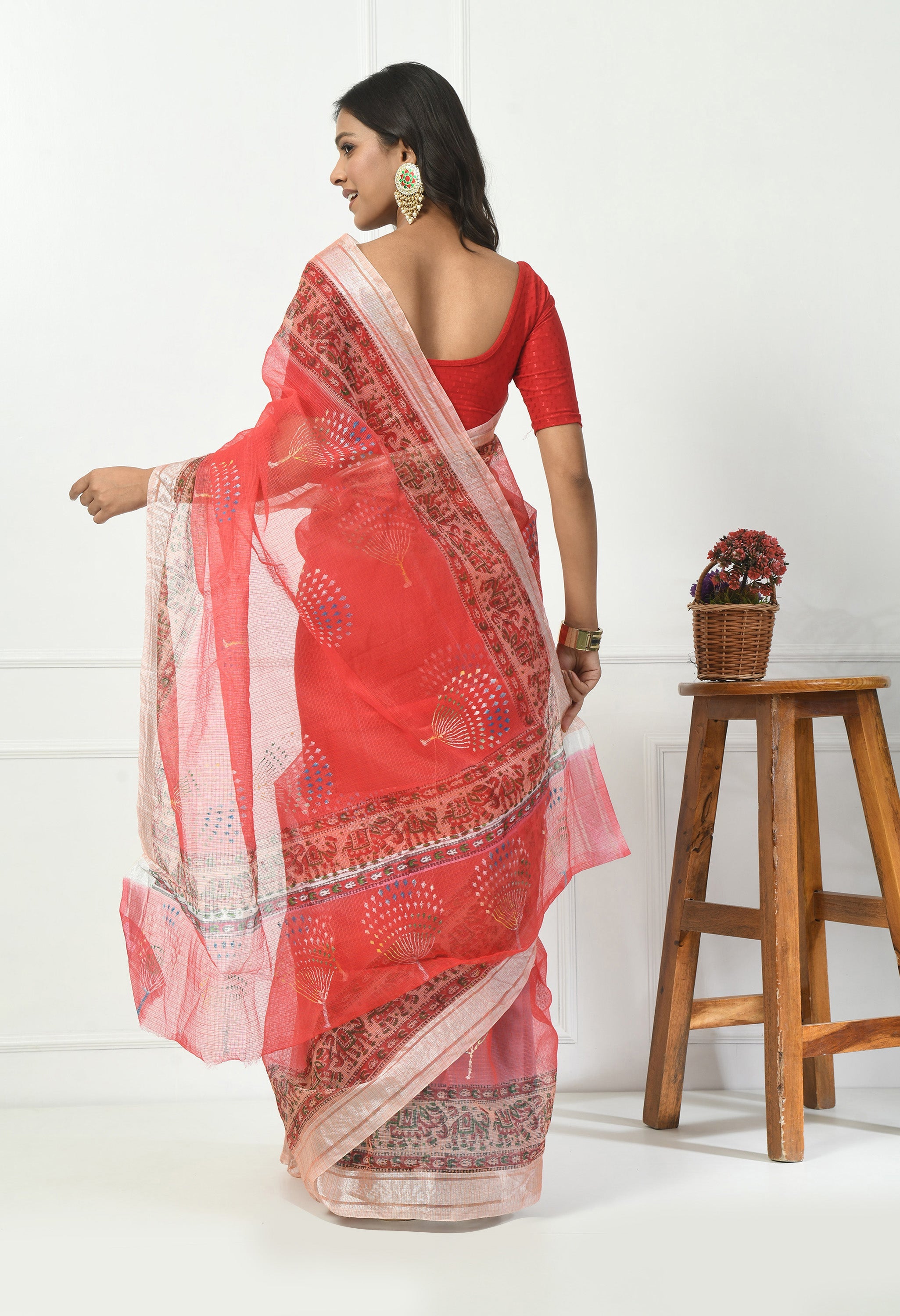 Tomato Red Kota Doria Saree with Border