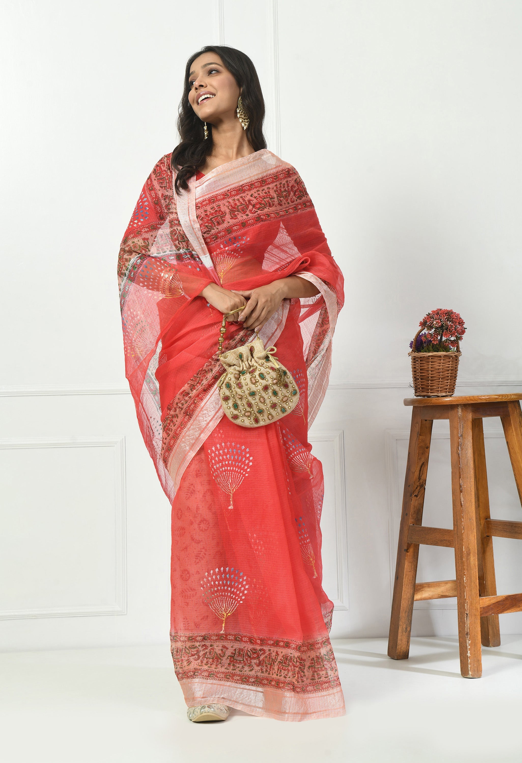 Tomato Red Kota Doria Saree with Border