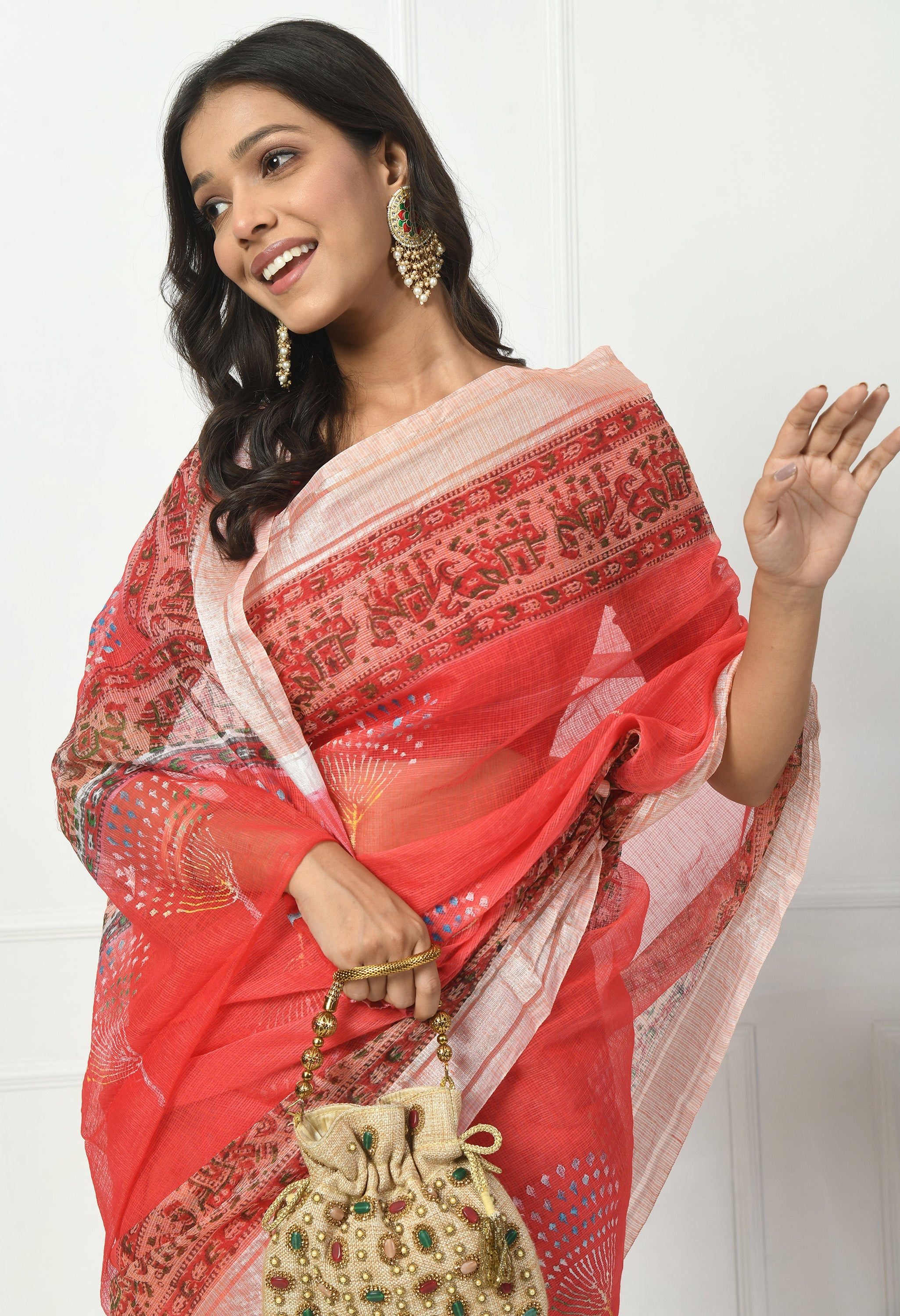 Tomato Red Kota Doria Saree with Border