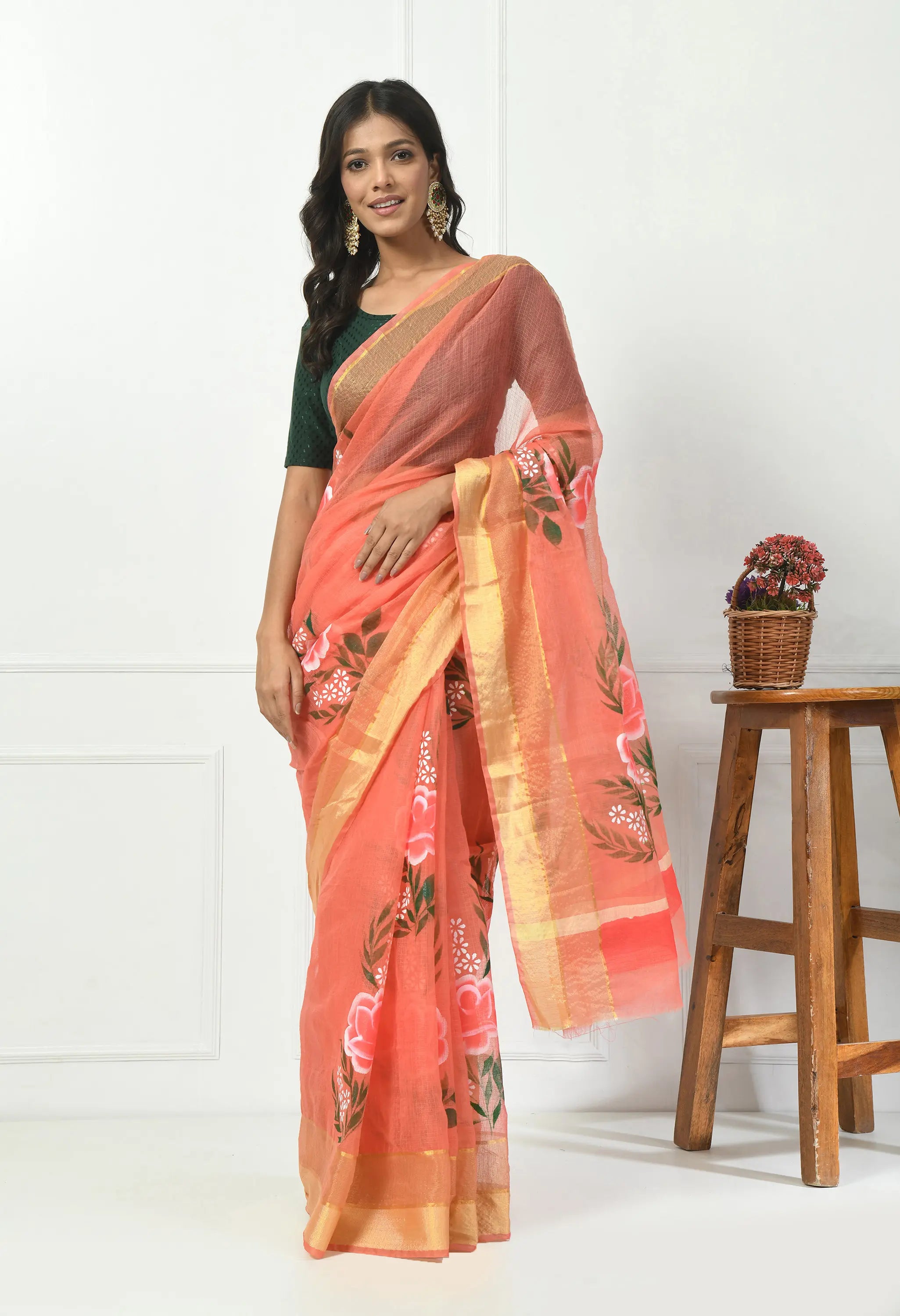 Salmon Pink Kota Doria Saree with Floral Design
