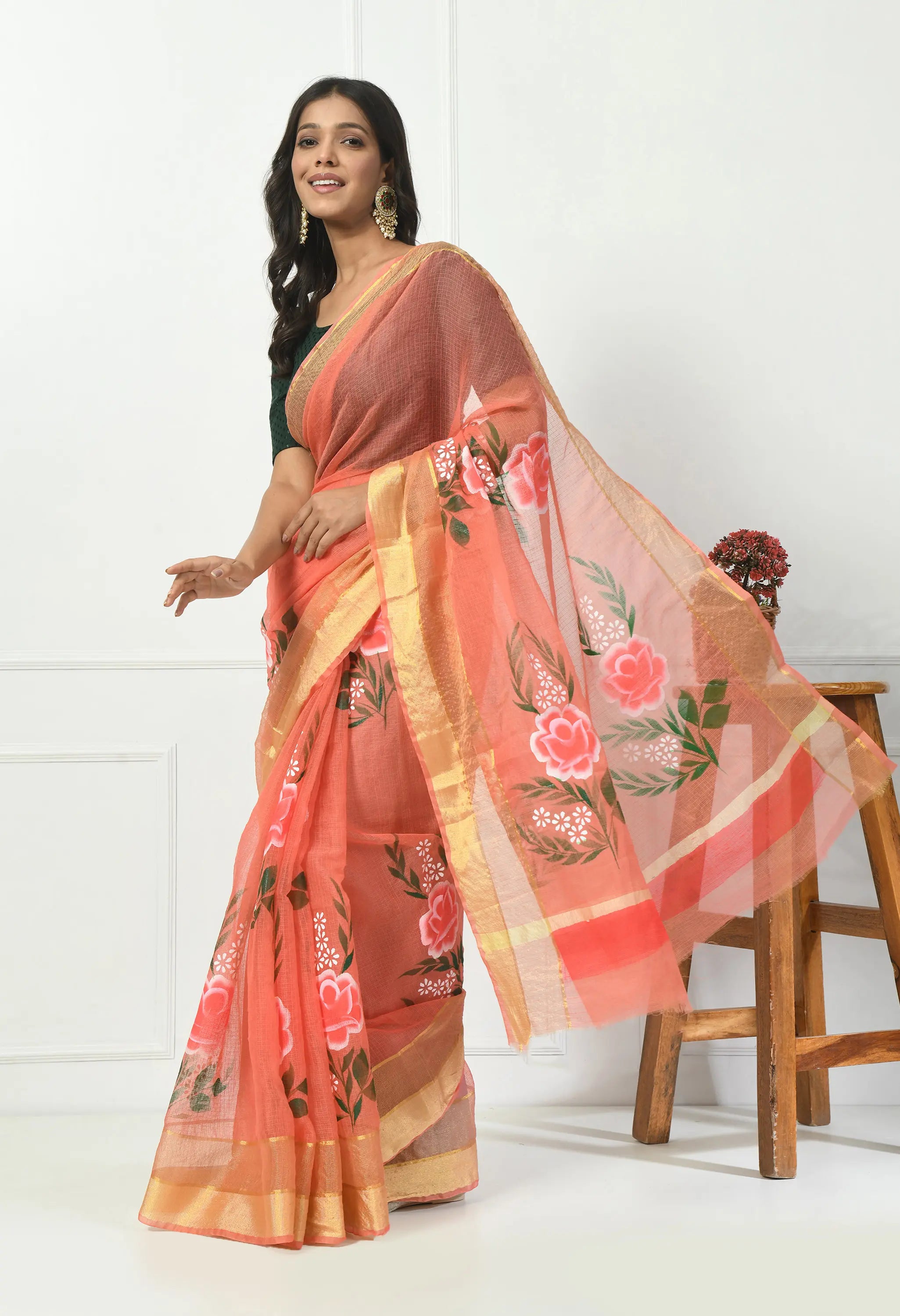 Salmon Pink Kota Doria Saree with Floral Design