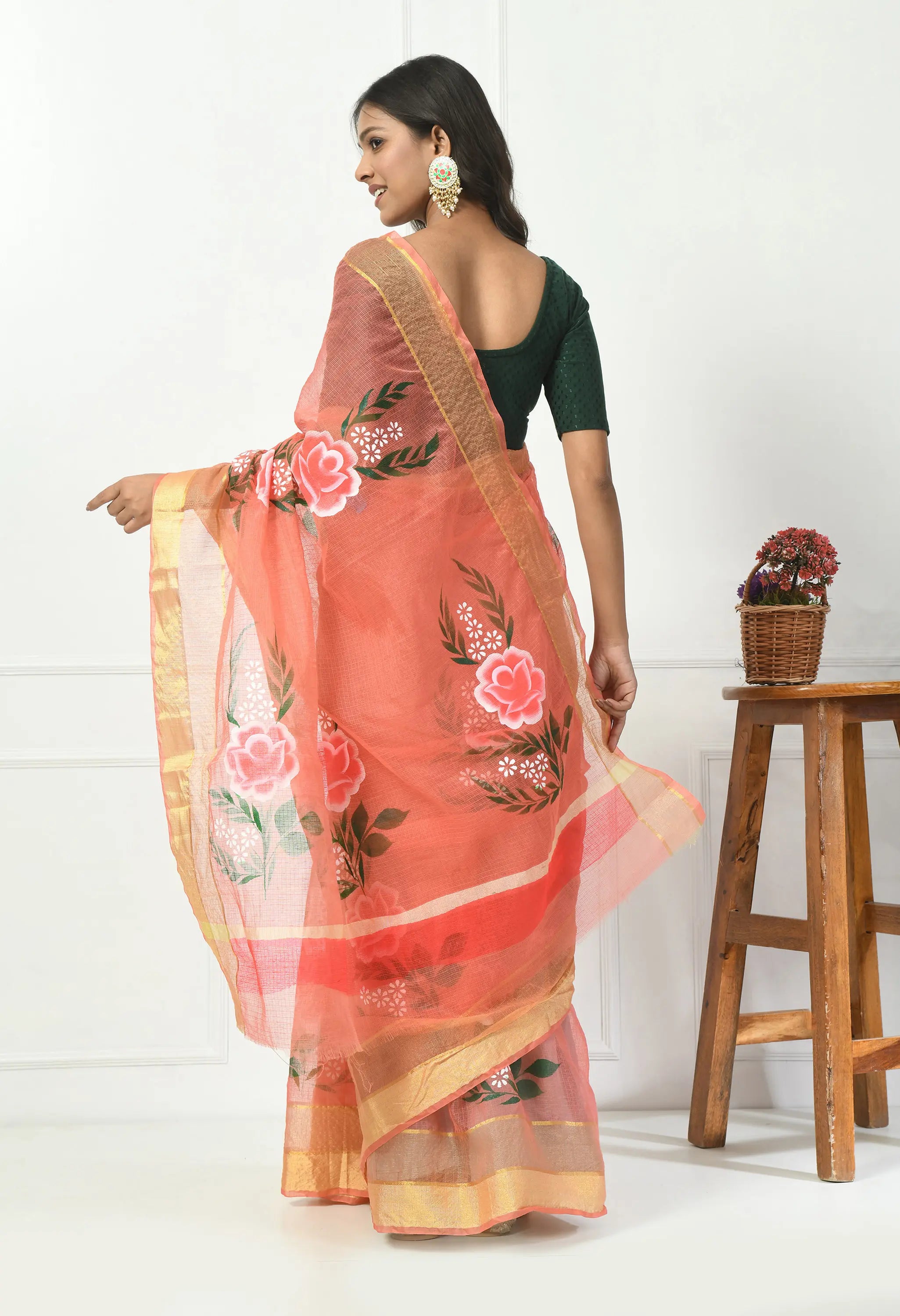 Salmon Pink Kota Doria Saree with Floral Design