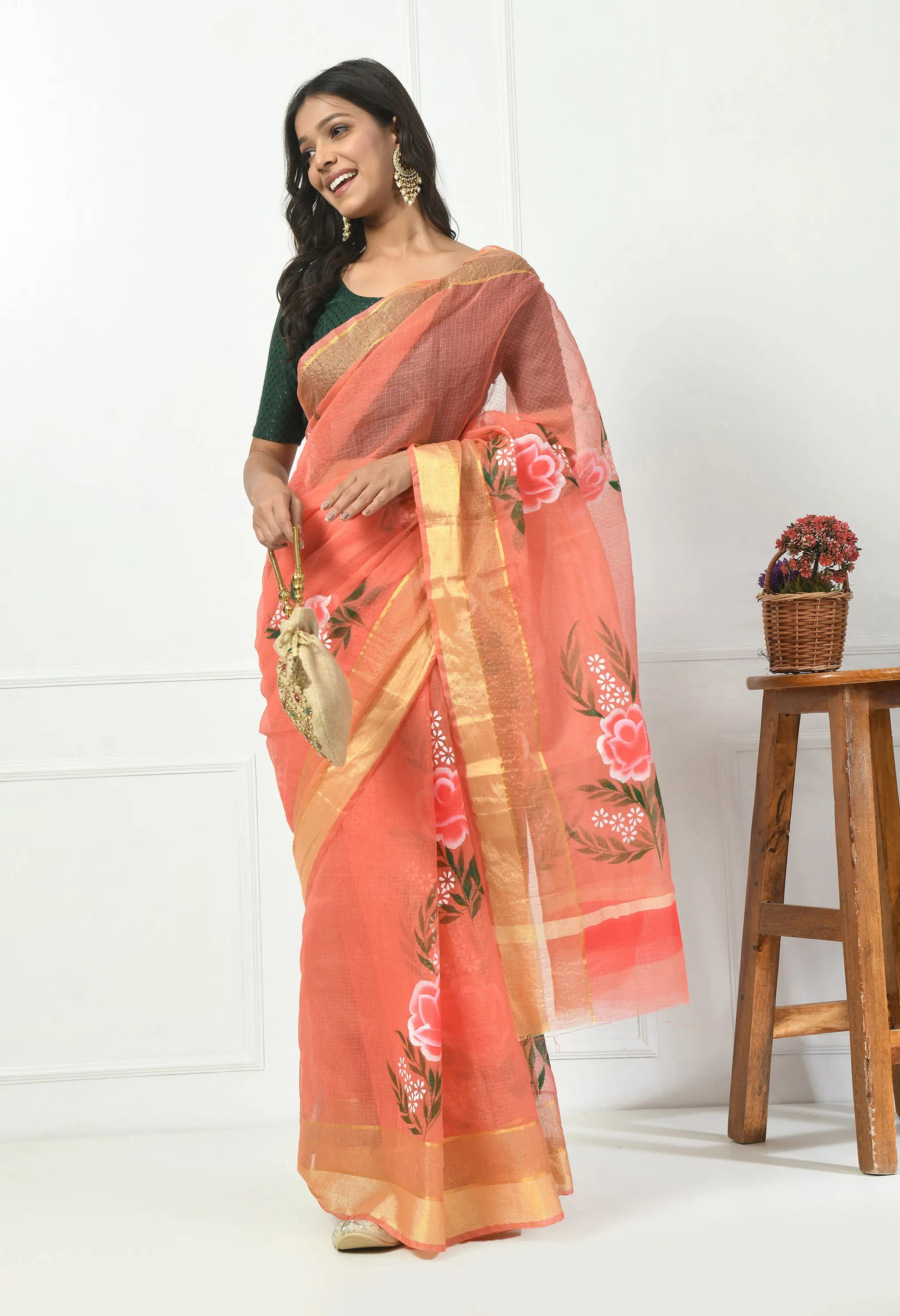 Salmon Pink Kota Doria Saree with Floral Design