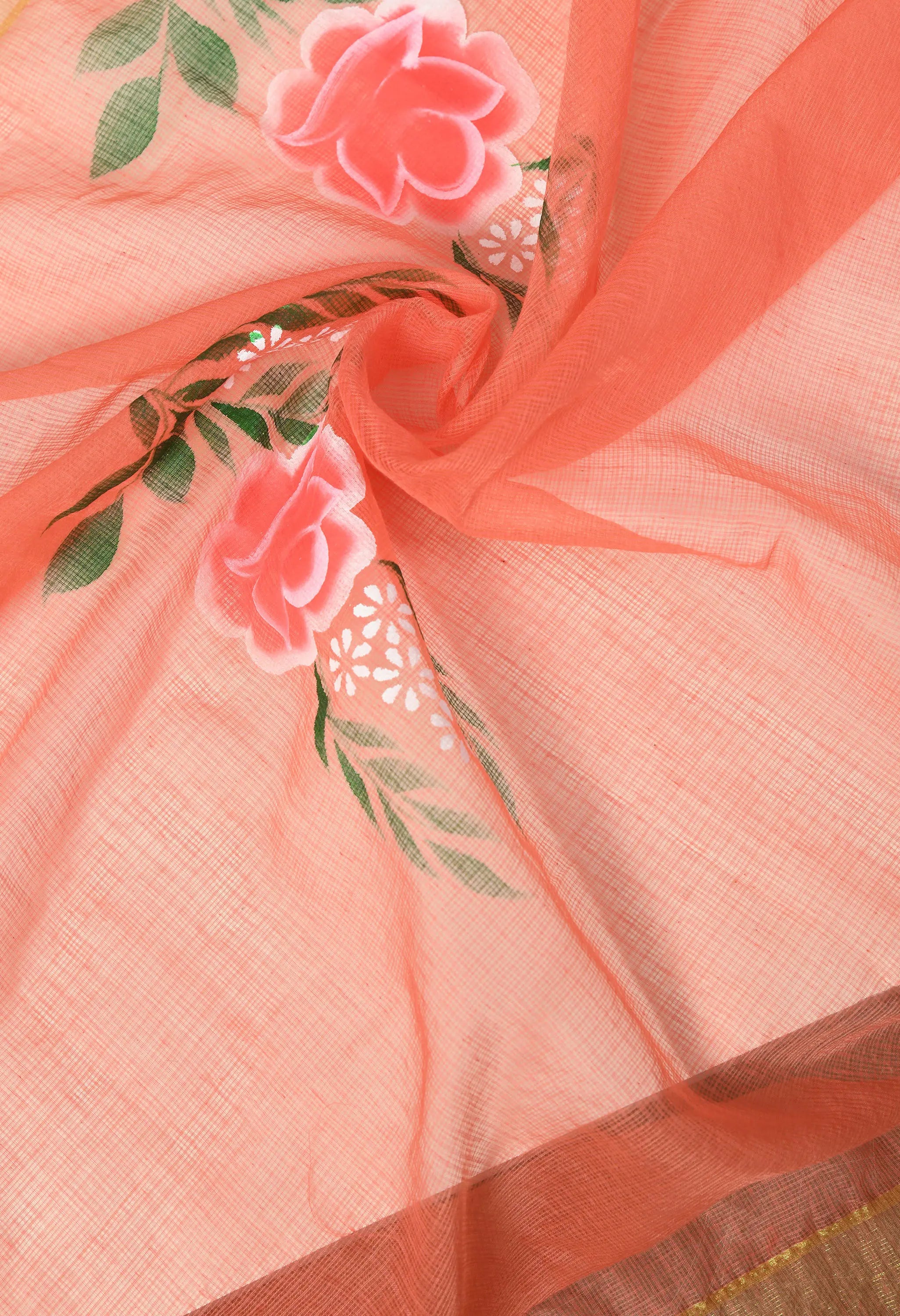 Salmon Pink Kota Doria Saree with Floral Design