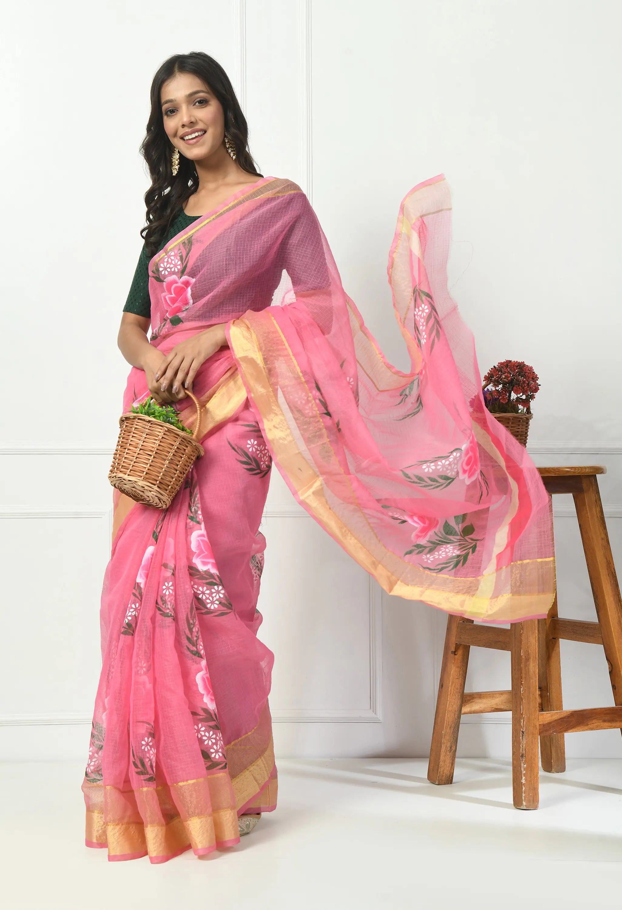 Soft Baby Pink Cotton Saree with Exquisite Floral Design