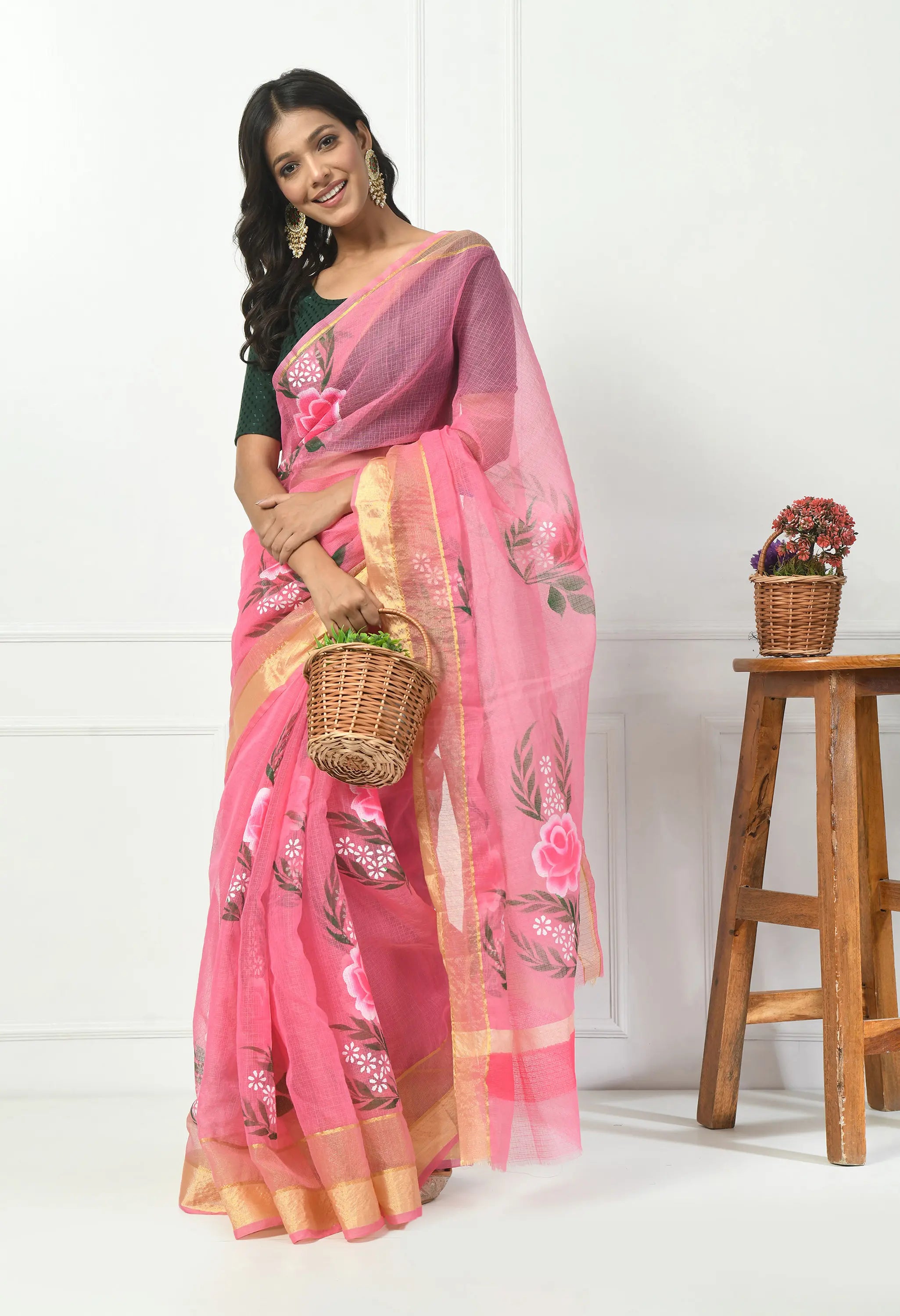 Soft Baby Pink Cotton Saree with Exquisite Floral Design