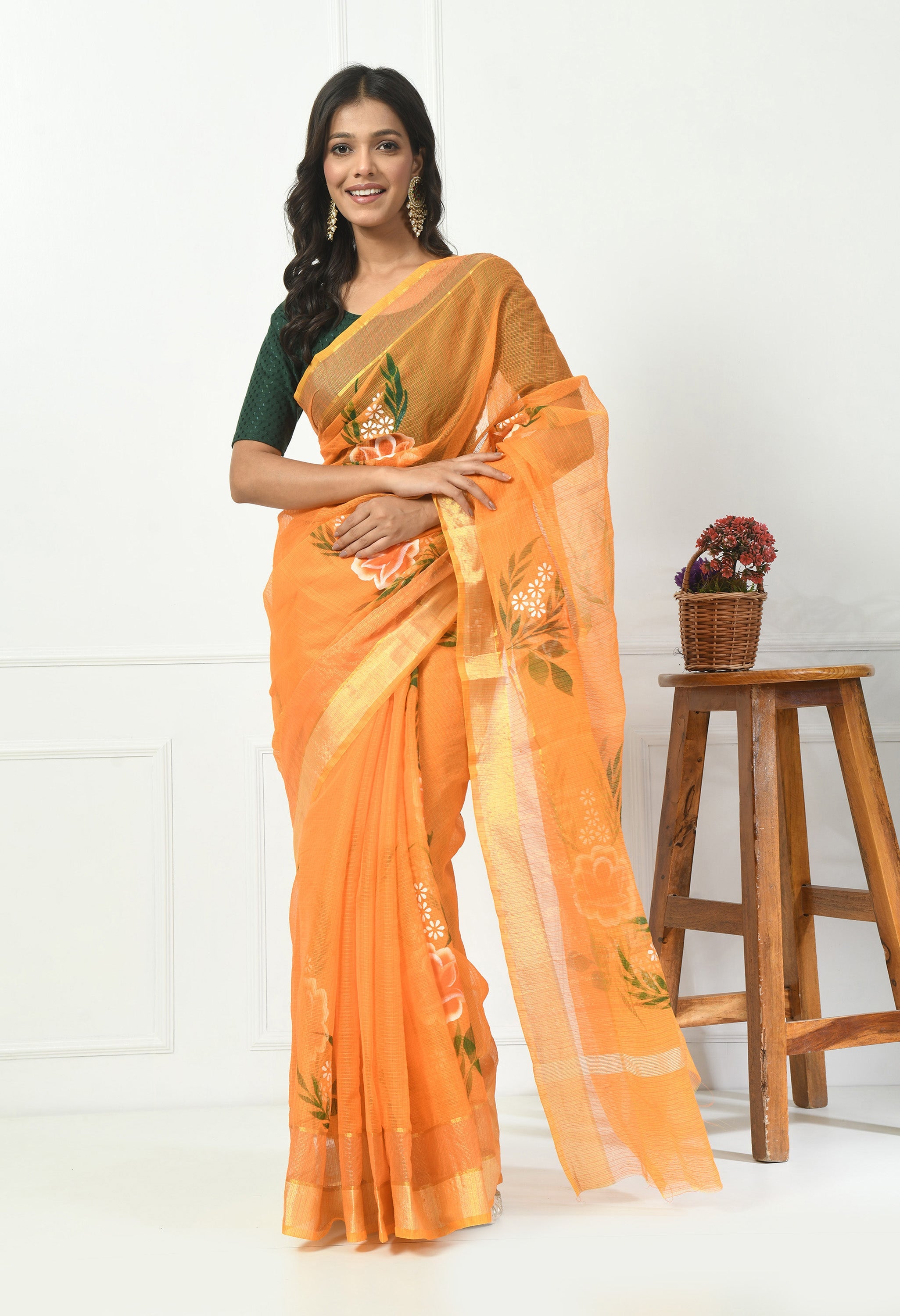 Amber Orange Cotton Saree with Hand Painted Floral Design