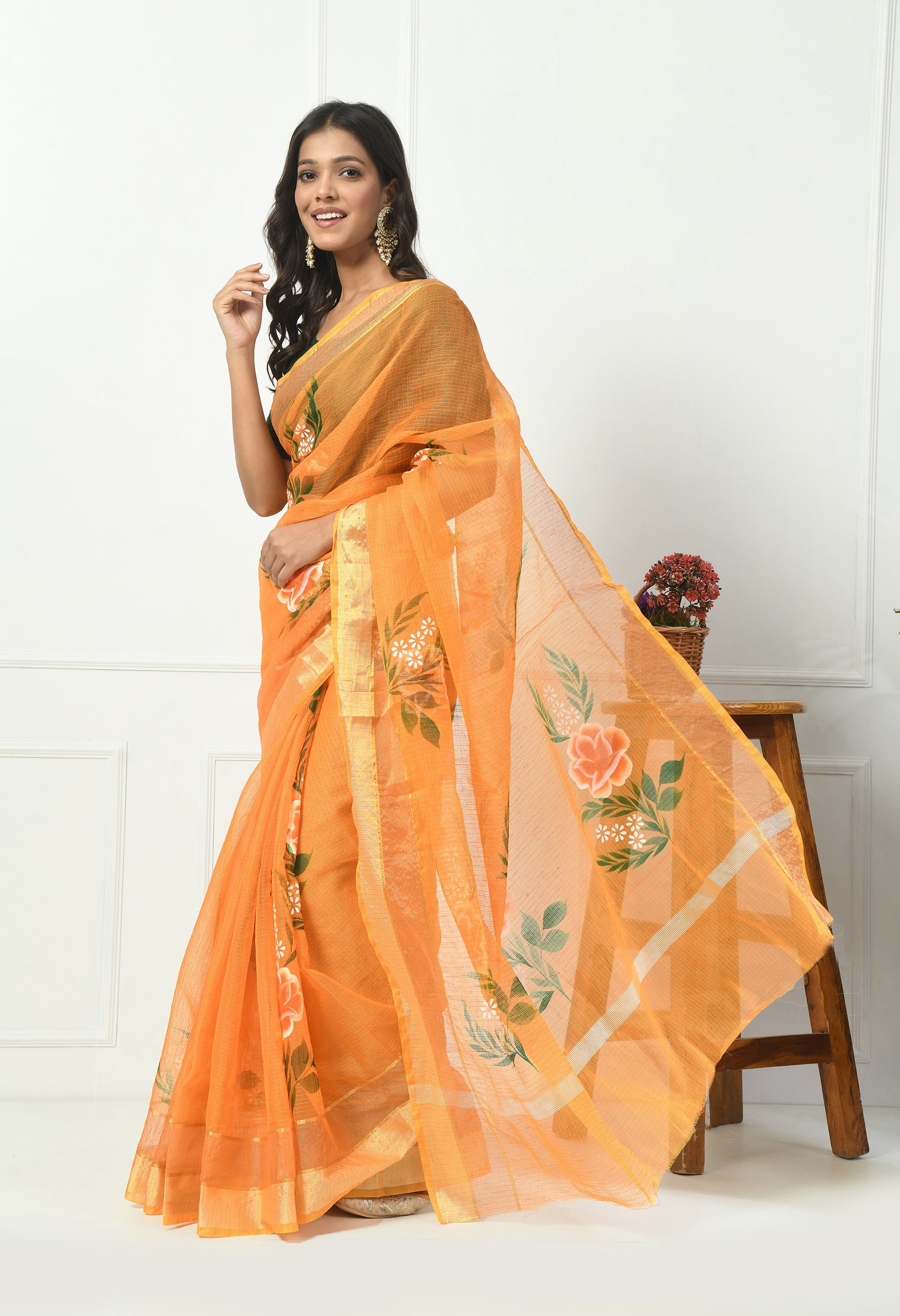 Amber Orange Cotton Saree with Hand Painted Floral Design