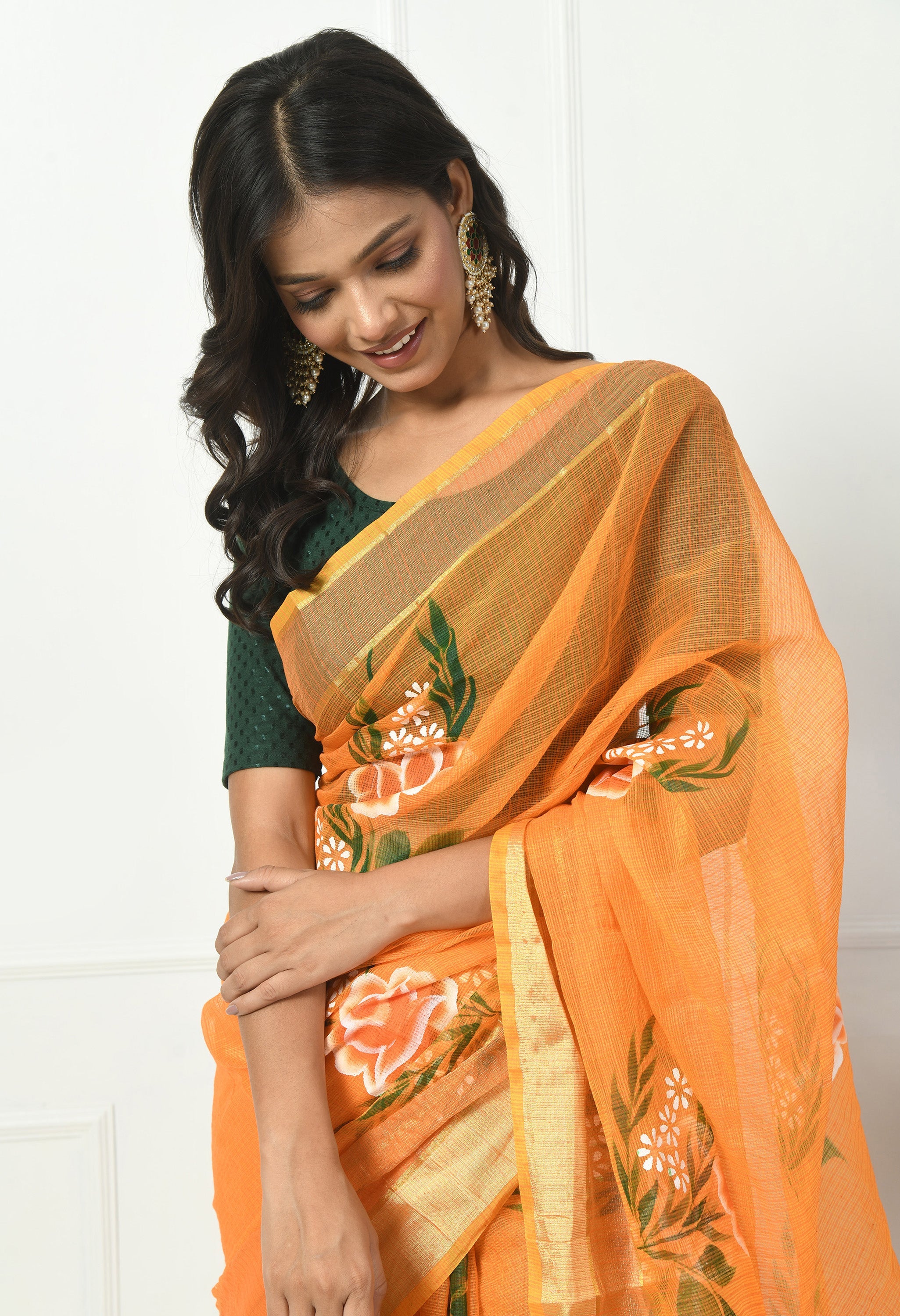 Amber Orange Cotton Saree with Hand Painted Floral Design