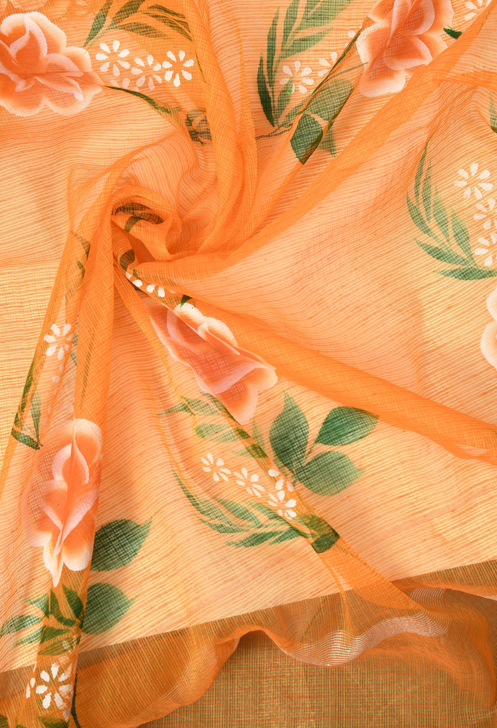 Amber Orange Cotton Saree with Hand Painted Floral Design