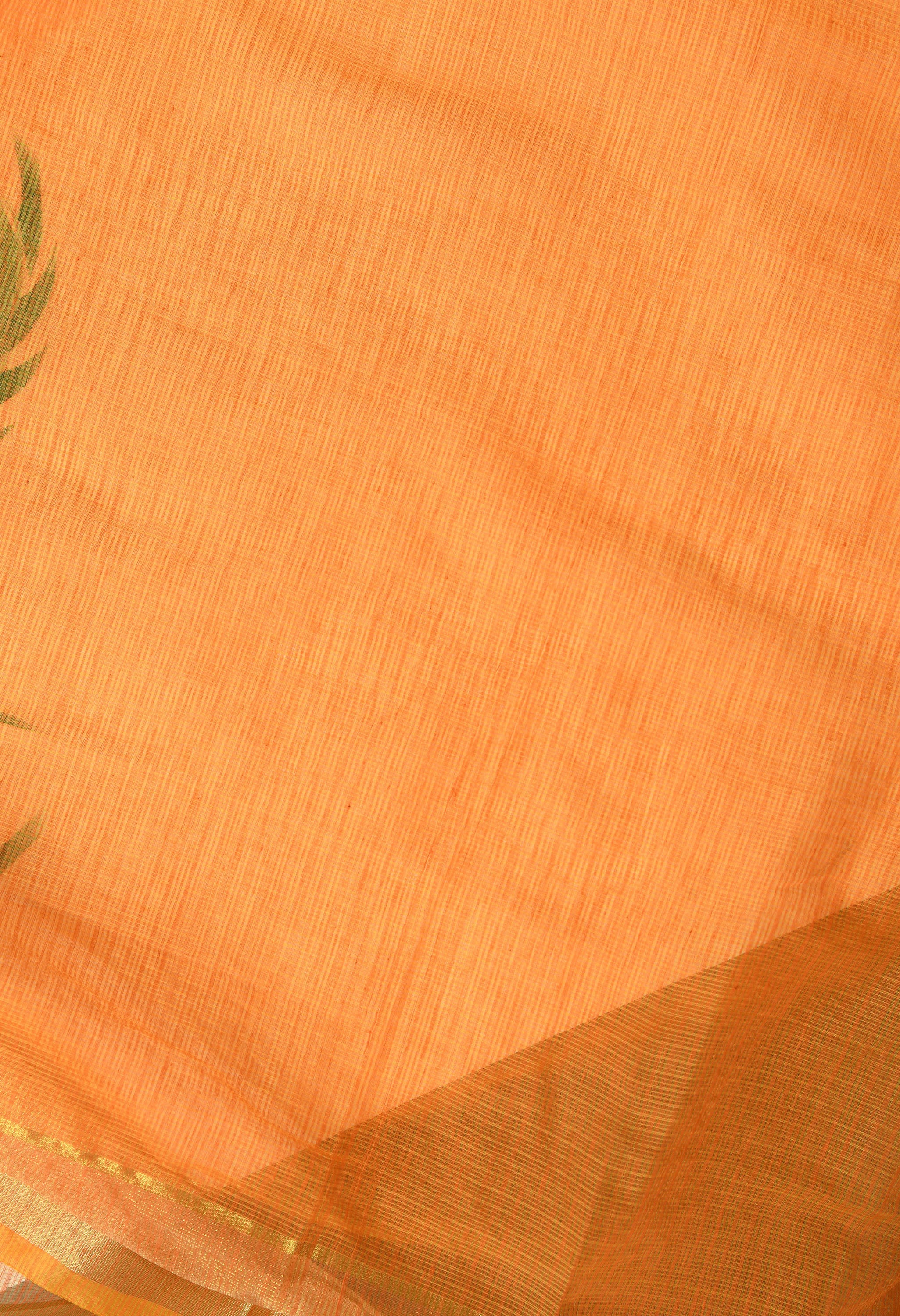 Amber Orange Cotton Saree with Hand Painted Floral Design