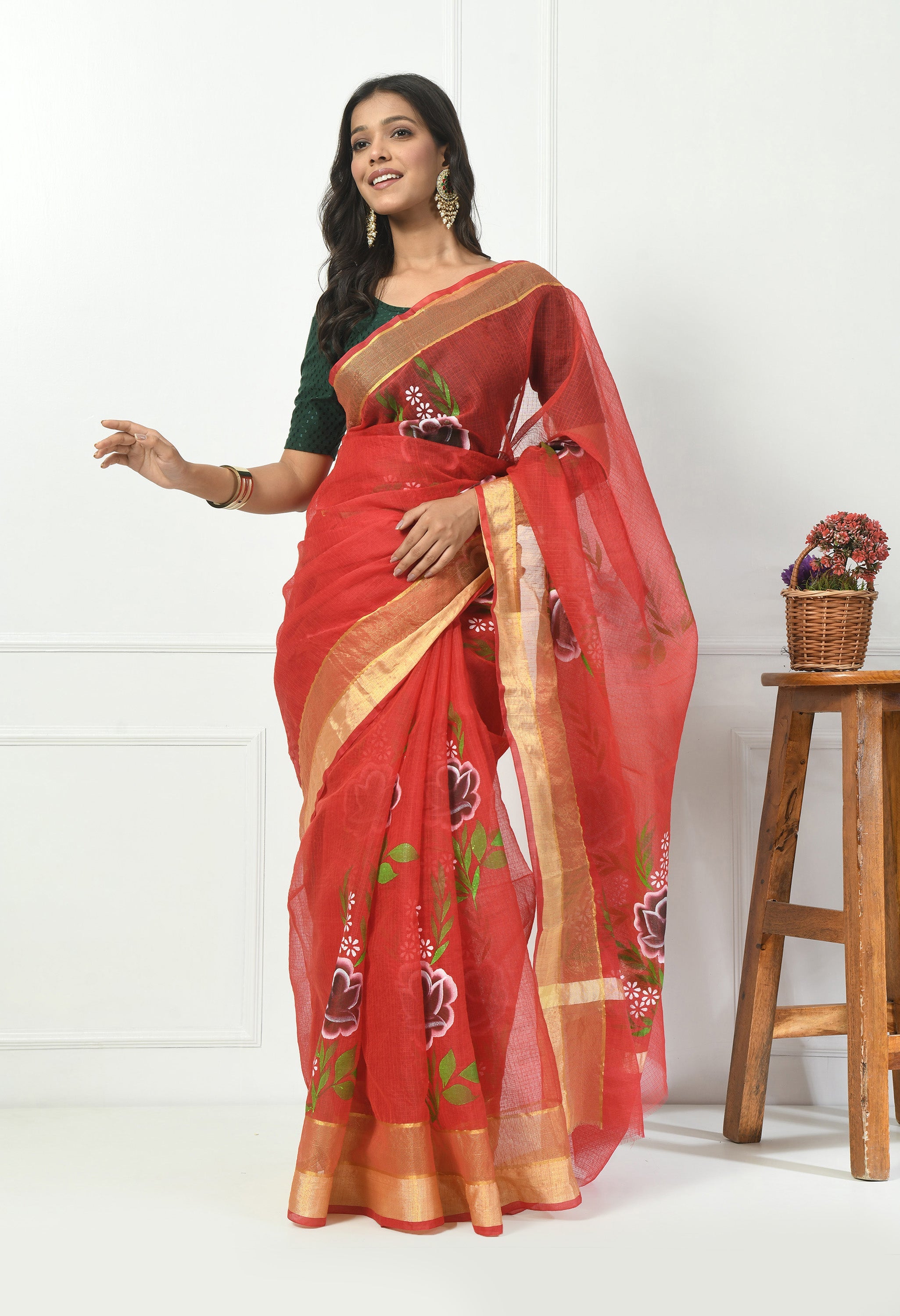 Cherry Red Cotton Saree with Hand Painted Floral Design