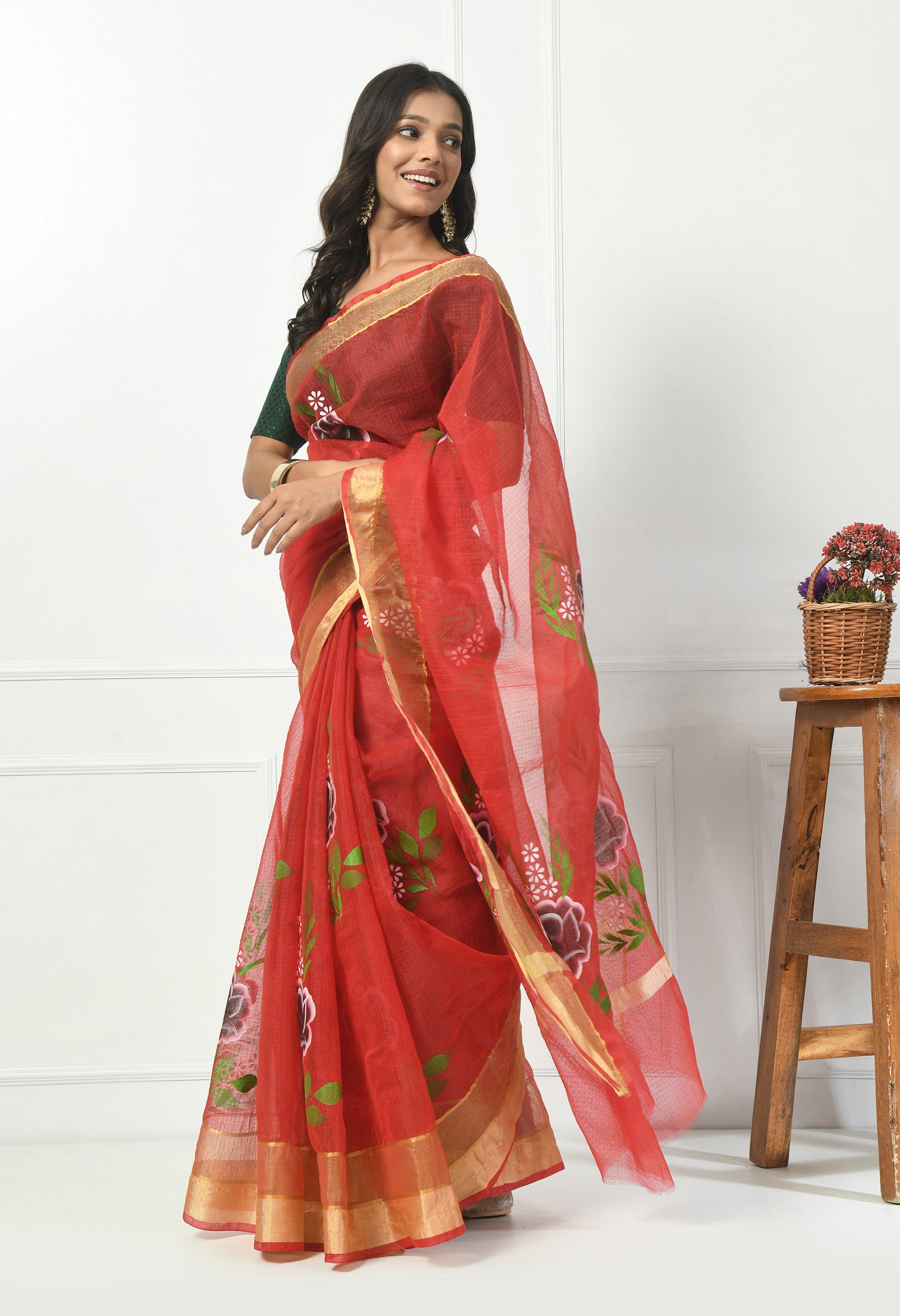 Cherry Red Cotton Saree with Hand Painted Floral Design