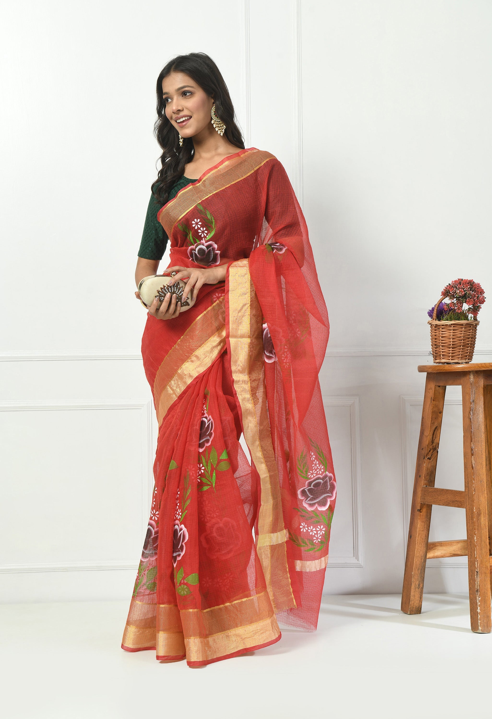 Cherry Red Cotton Saree with Hand Painted Floral Design