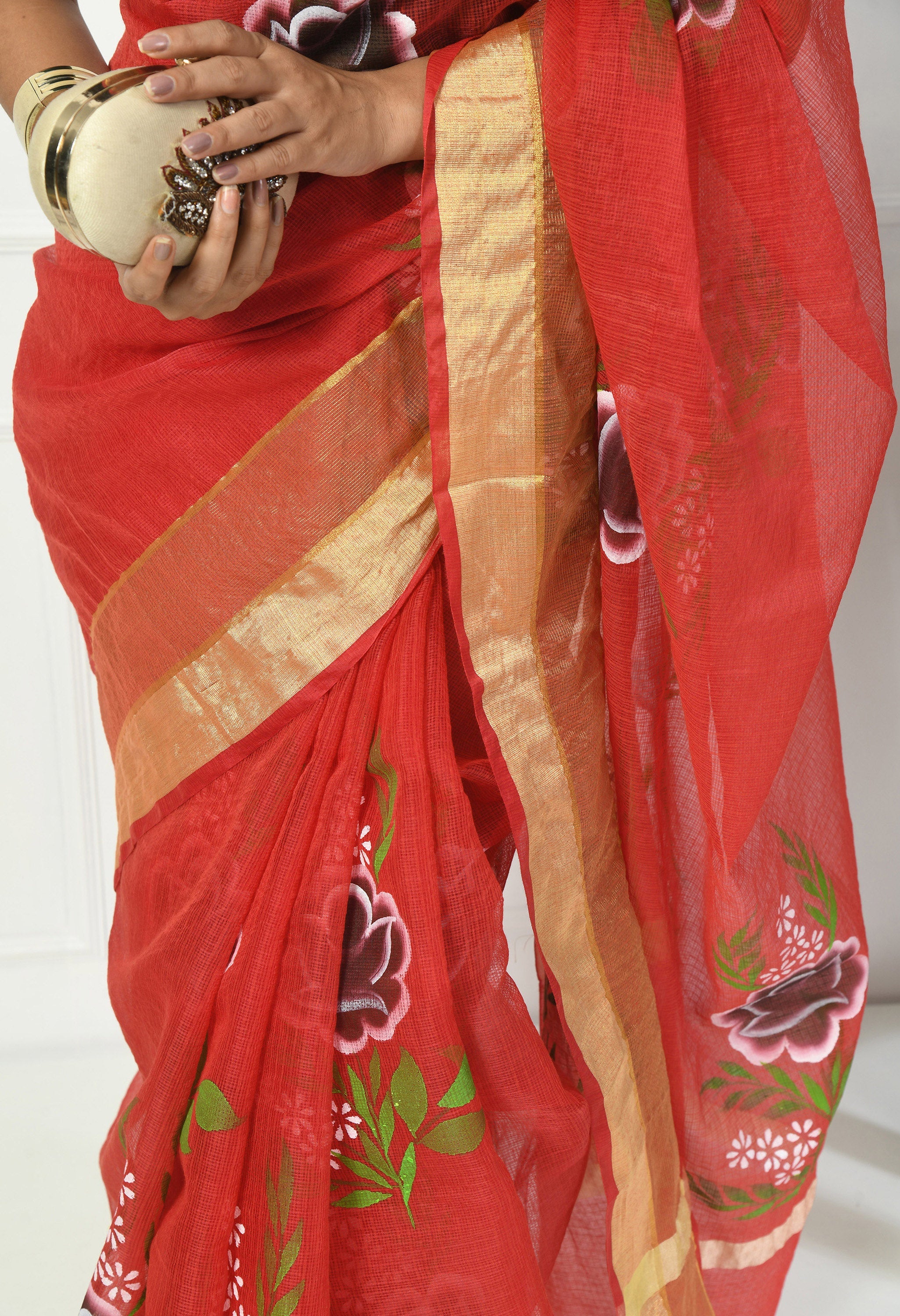 Cherry Red Cotton Saree with Hand Painted Floral Design