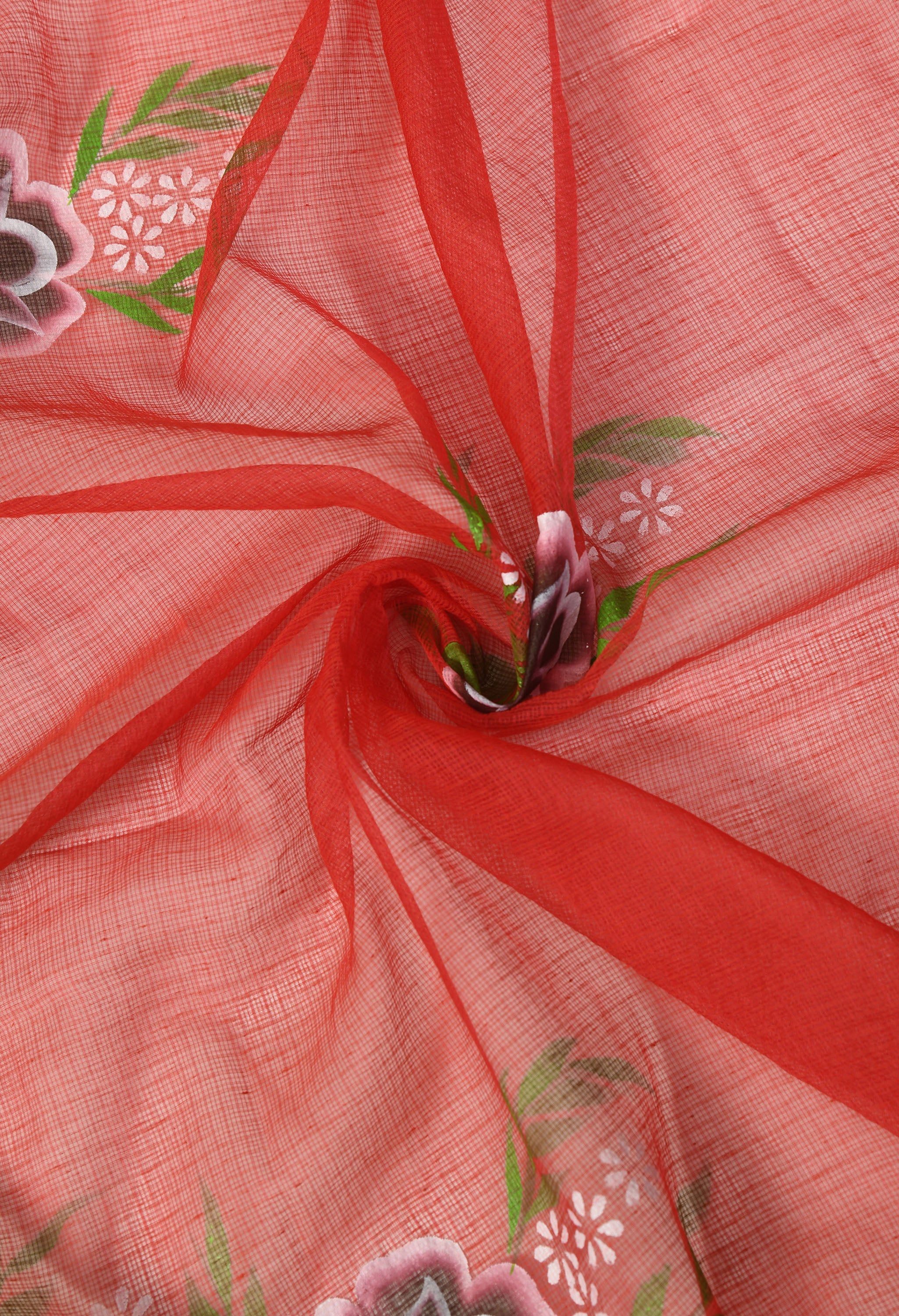 Cherry Red Cotton Saree with Hand Painted Floral Design