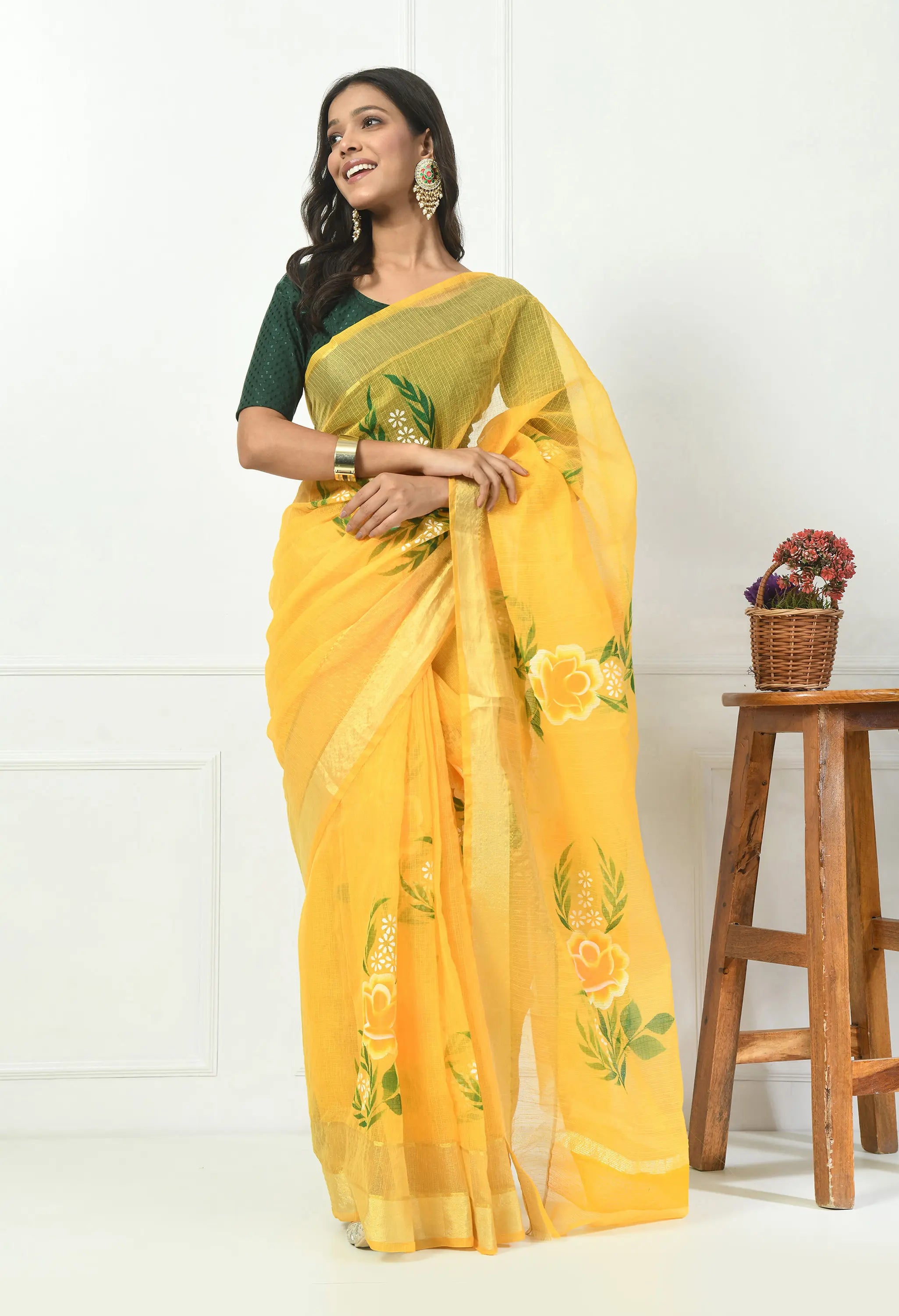 Lime Yellow Cotton Saree with Hand Painted Floral Design